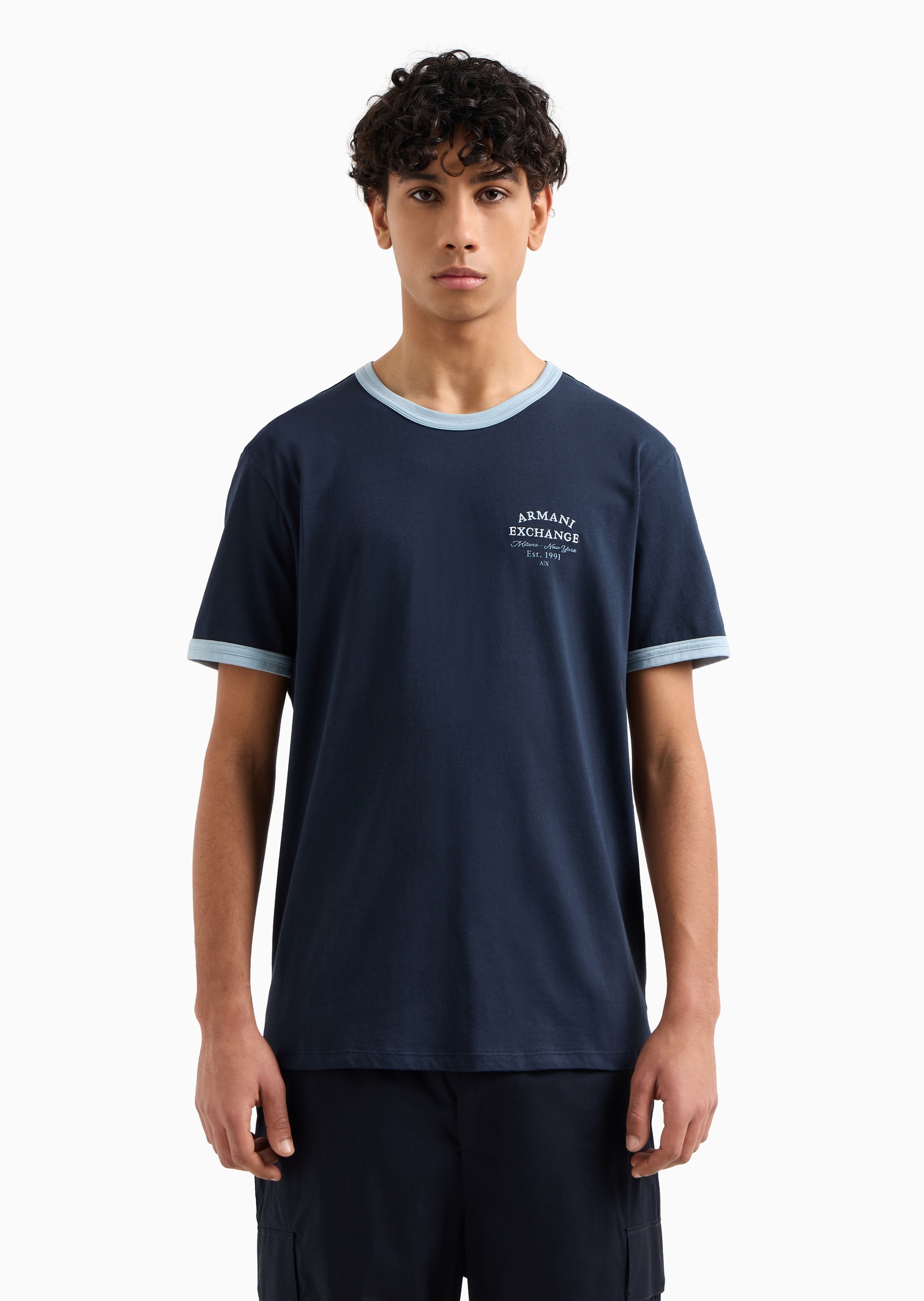 ARMANI EXCHANGE 男士全棉合身短袖圆领撞色饰边T恤