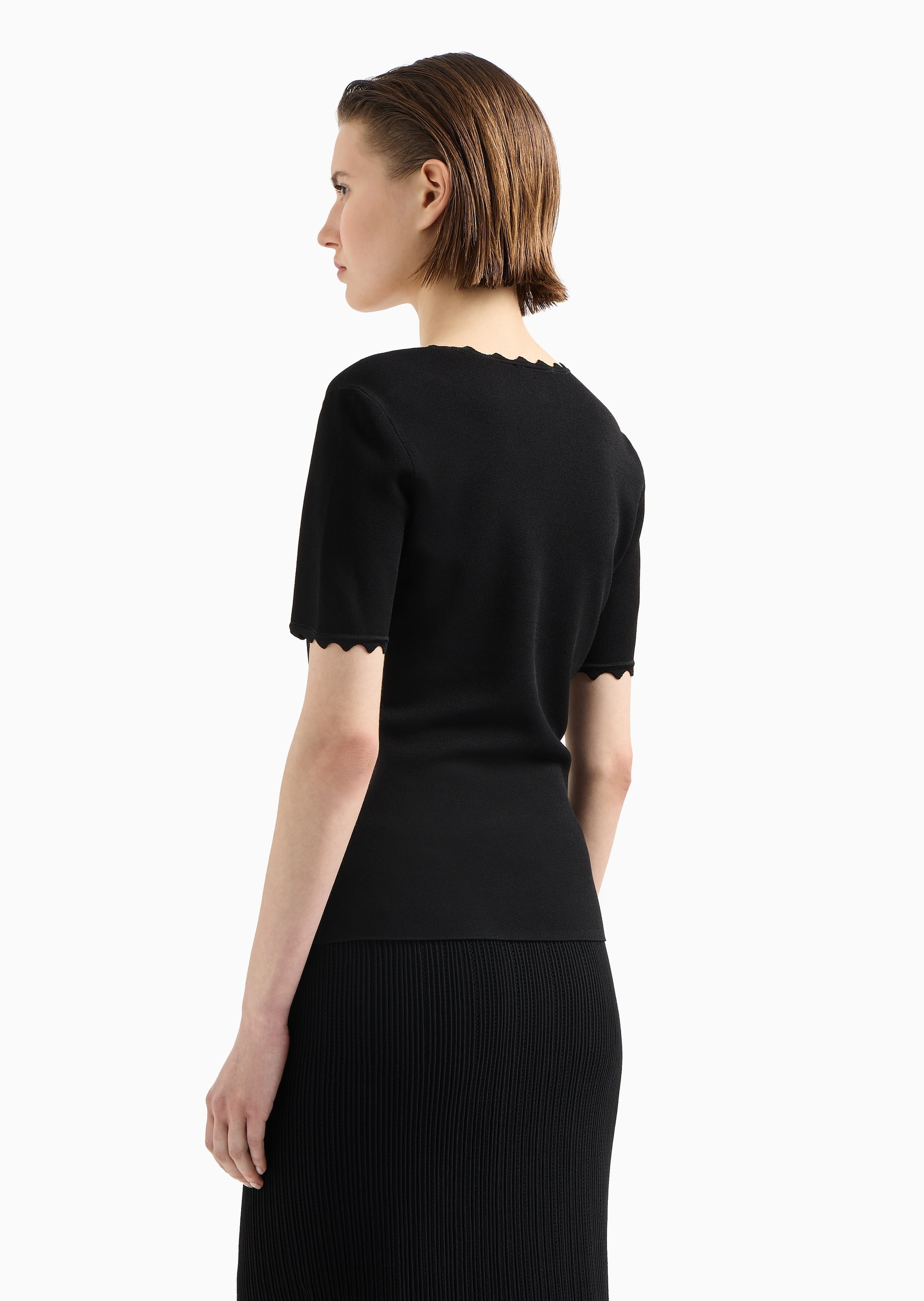 Emporio Armani 女士修身短袖圆领花边纯色针织衫