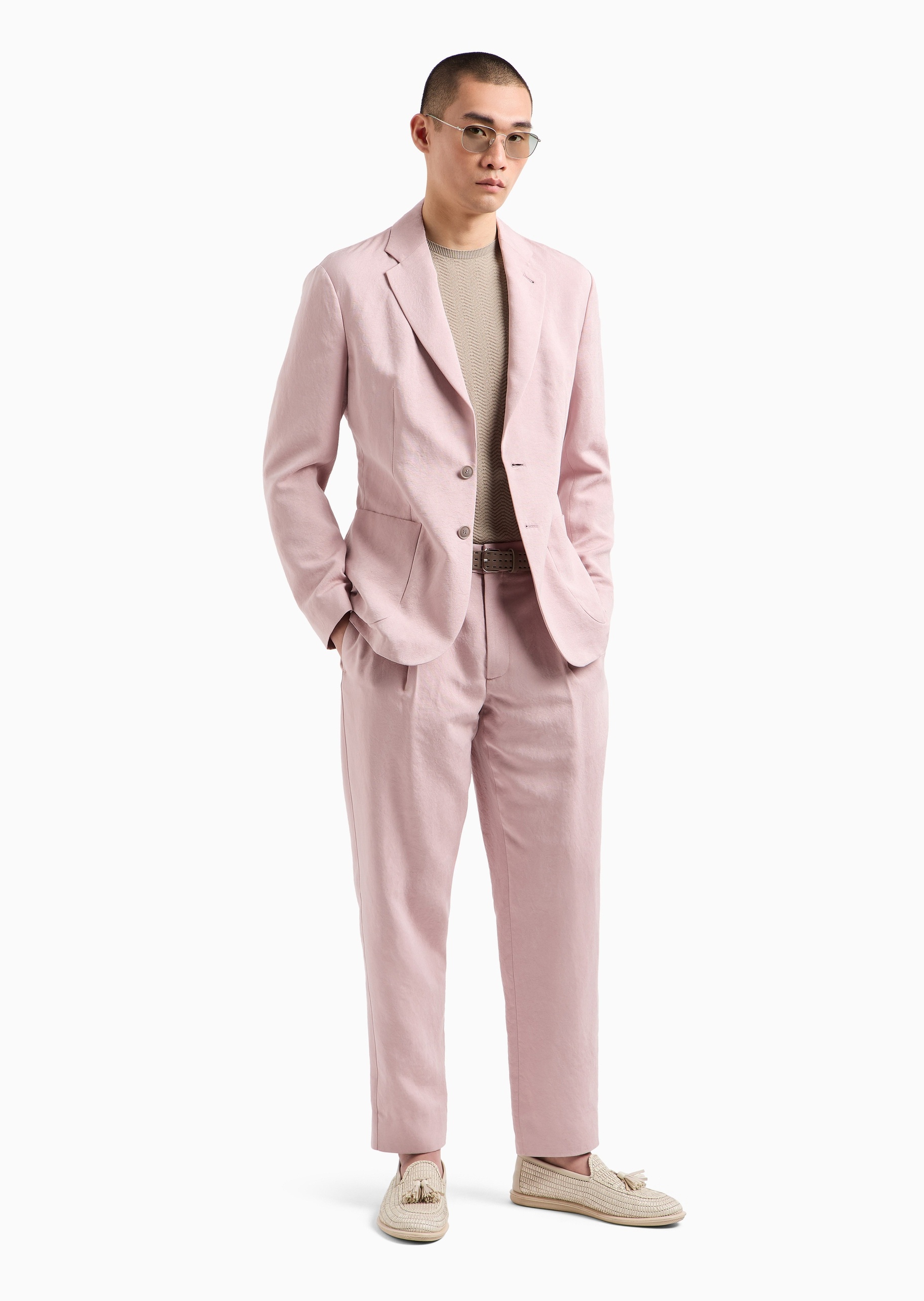 Giorgio Armani 男士绵羊毛修身短袖圆领人字纹提花毛衣