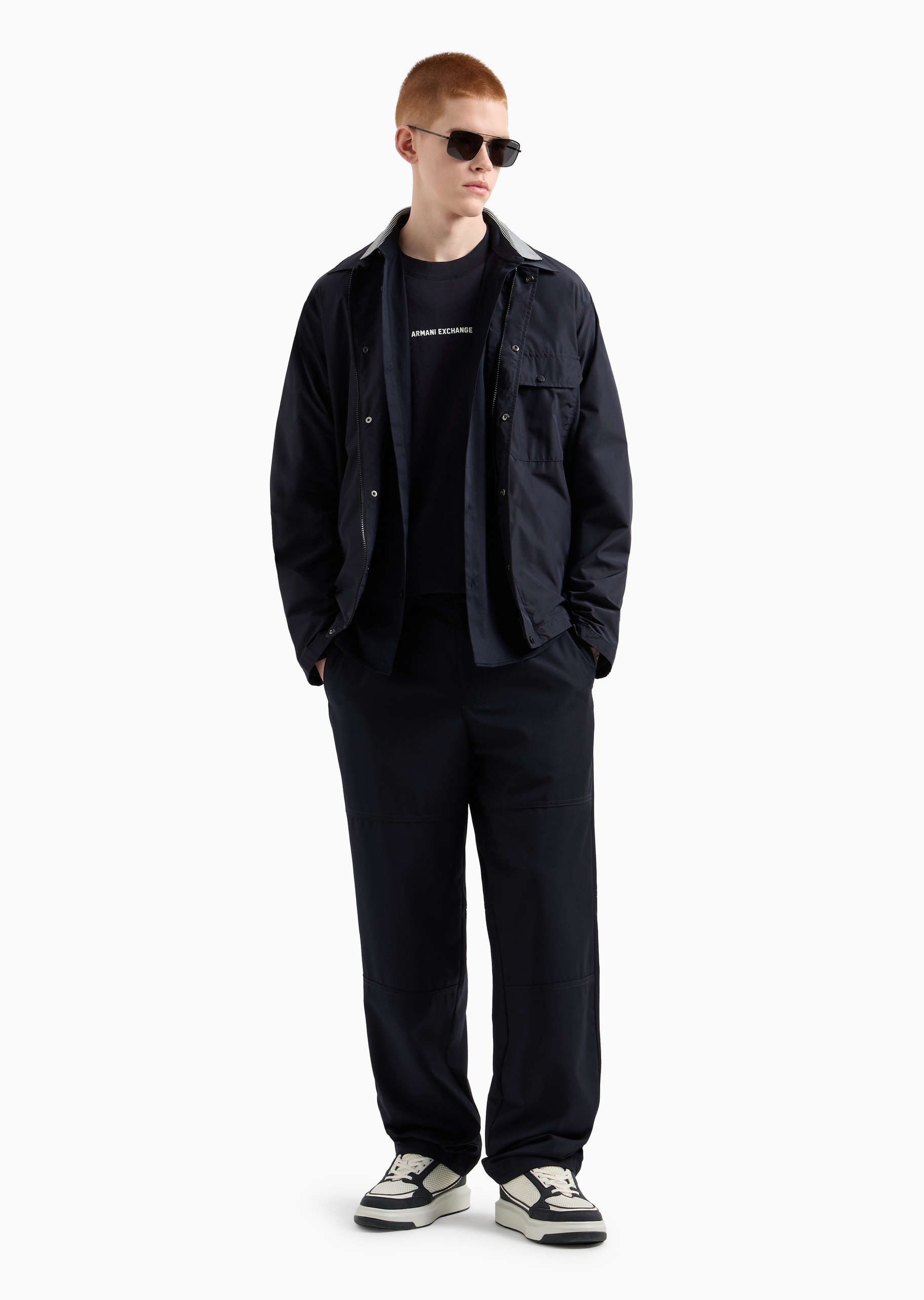 ARMANI EXCHANGE 男士宽松长袖翻领纯色休闲工装衬衫