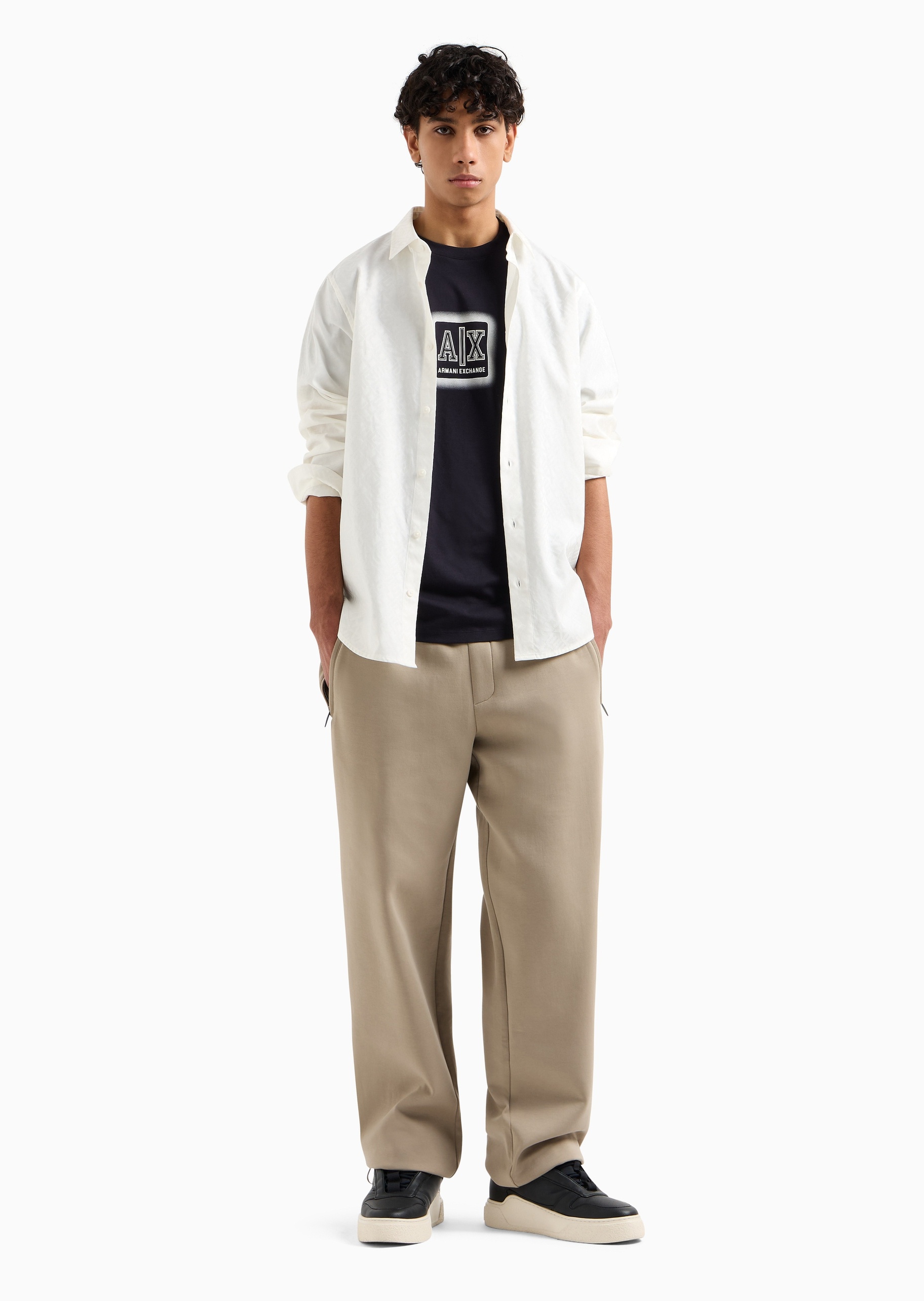 ARMANI EXCHANGE 男士全棉合身长袖翻领字母标识纯色衬衫