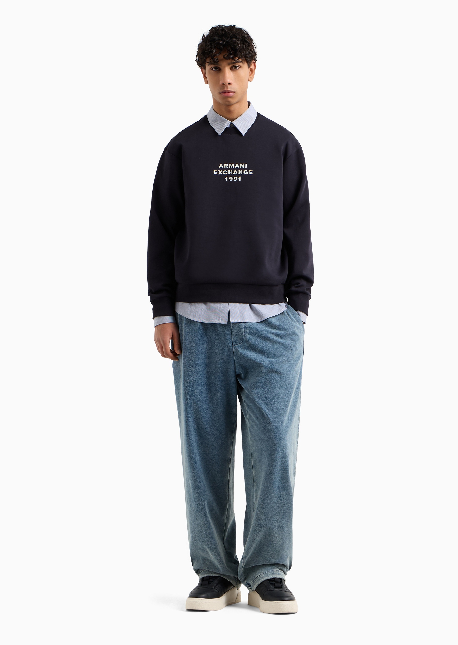 ARMANI EXCHANGE 男士棉质微弹宽松长袖圆领LOGO刺绣卫衣