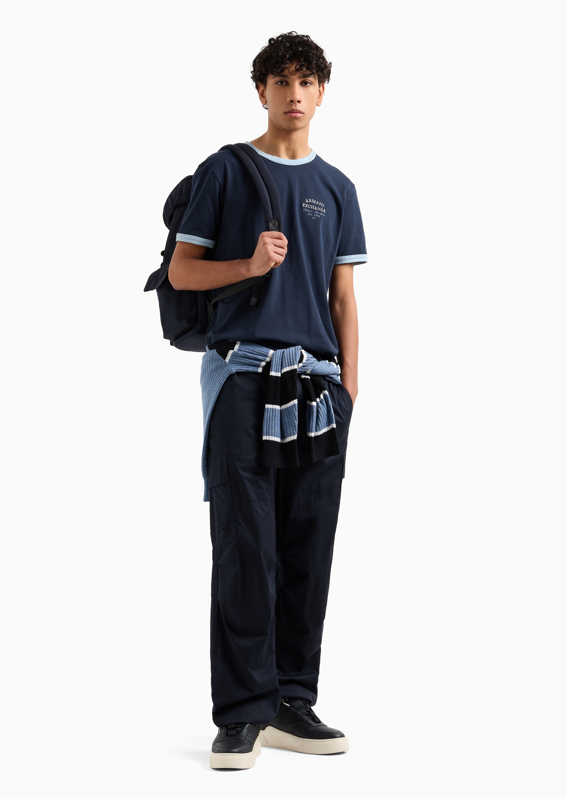 ARMANI EXCHANGE 男士全棉合身短袖圆领撞色饰边T恤