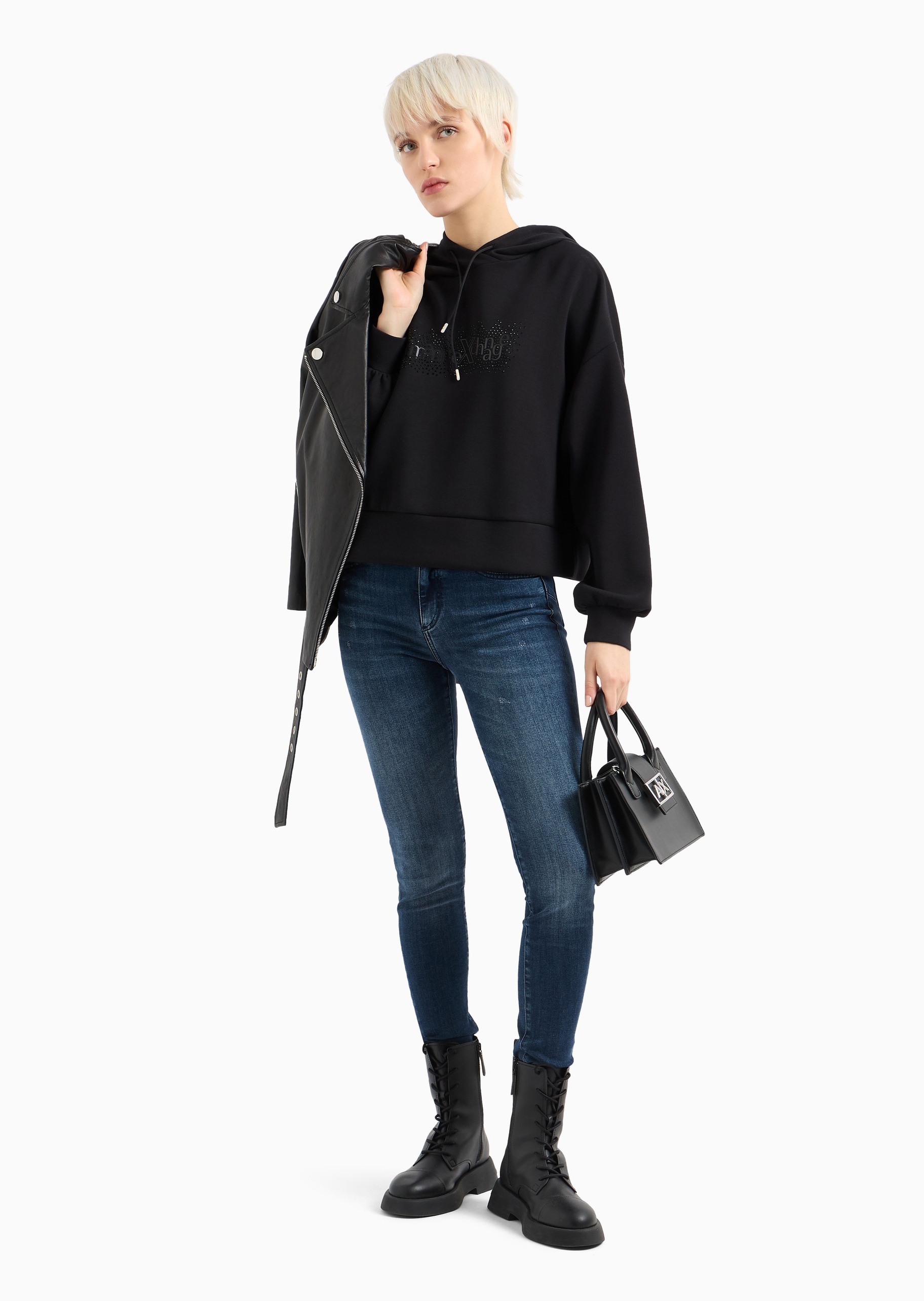 ARMANI EXCHANGE 女士弹力宽松长袖连帽落肩运动卫衣