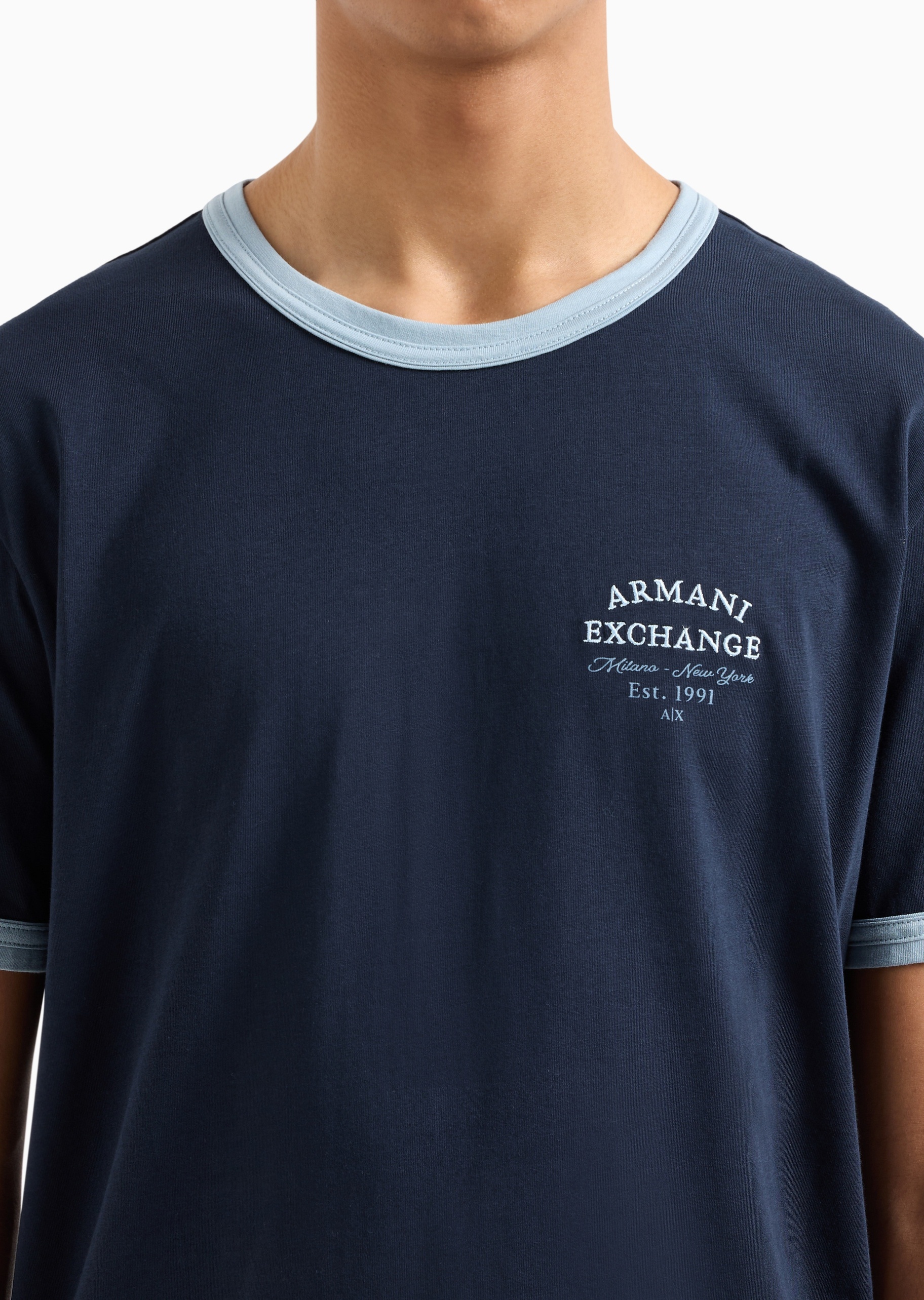 ARMANI EXCHANGE 男士全棉合身短袖圆领撞色饰边T恤