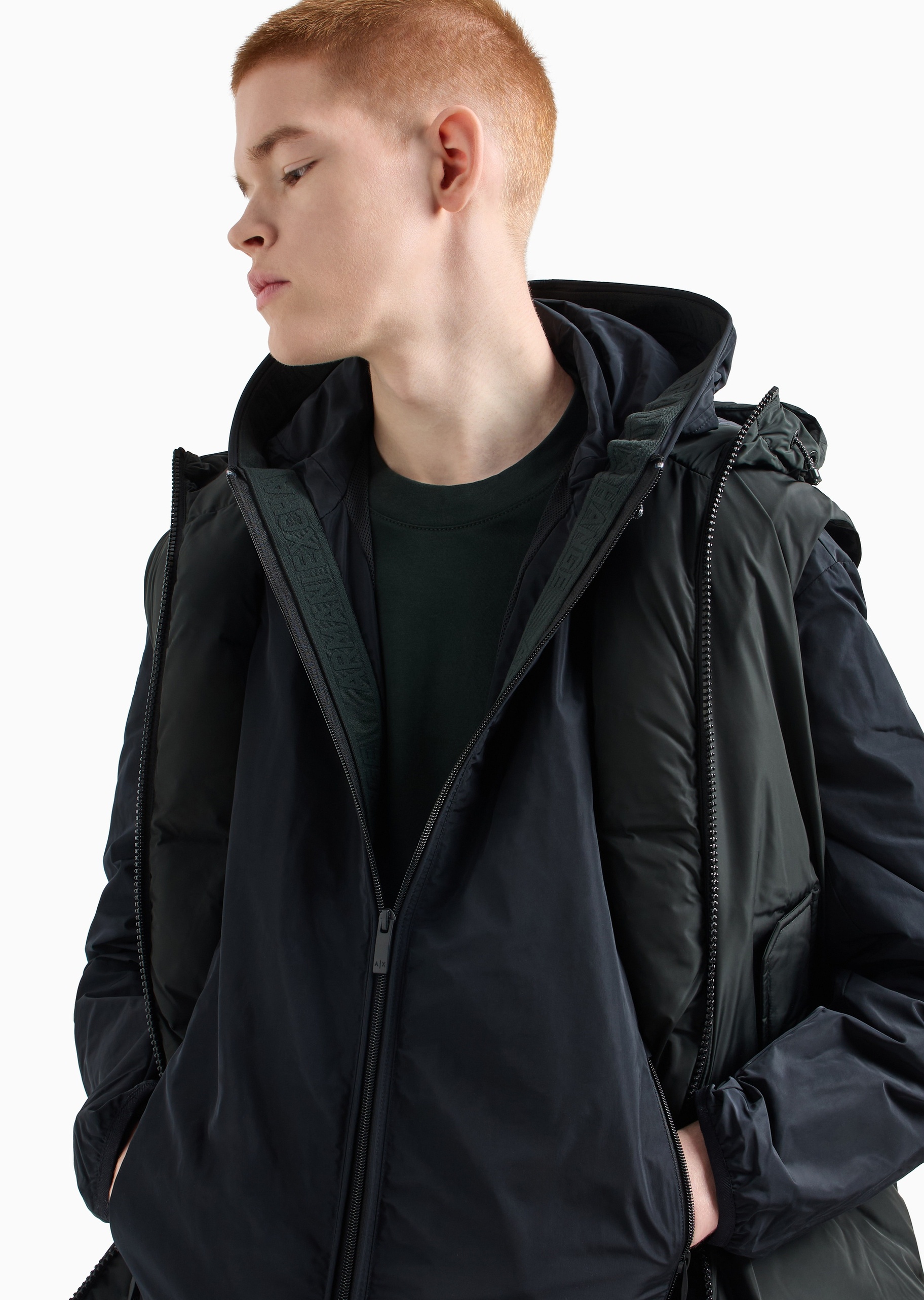 ARMANI EXCHANGE 男士合身长袖连帽拉链门襟纯色夹克