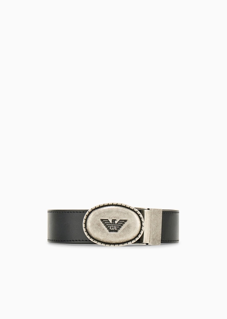Emporio Armani 男士牛皮革双面荔枝纹复古老钱风板扣腰带