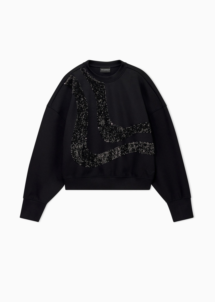 Emporio Armani 女士弹力宽松短款圆领落肩亮片卫衣