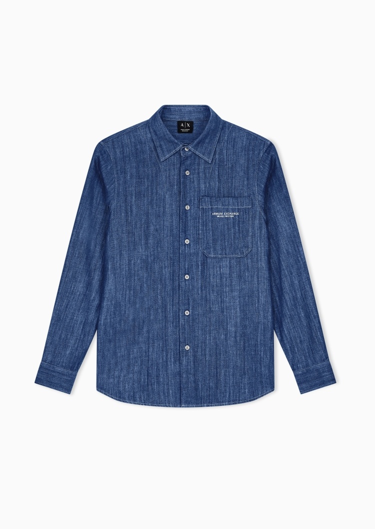 ARMANI EXCHANGE 男士纯棉长袖翻领刺绣休闲牛仔衬衫