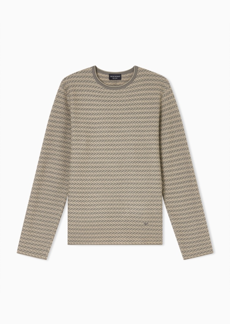 Emporio Armani 男士全绵羊毛长袖圆领人字纹套头毛衣