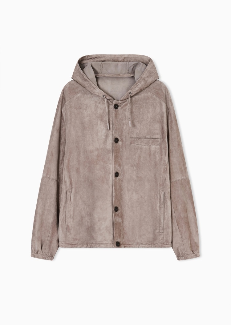 Emporio Armani 男士羊皮革长袖连帽纽扣复古夹克