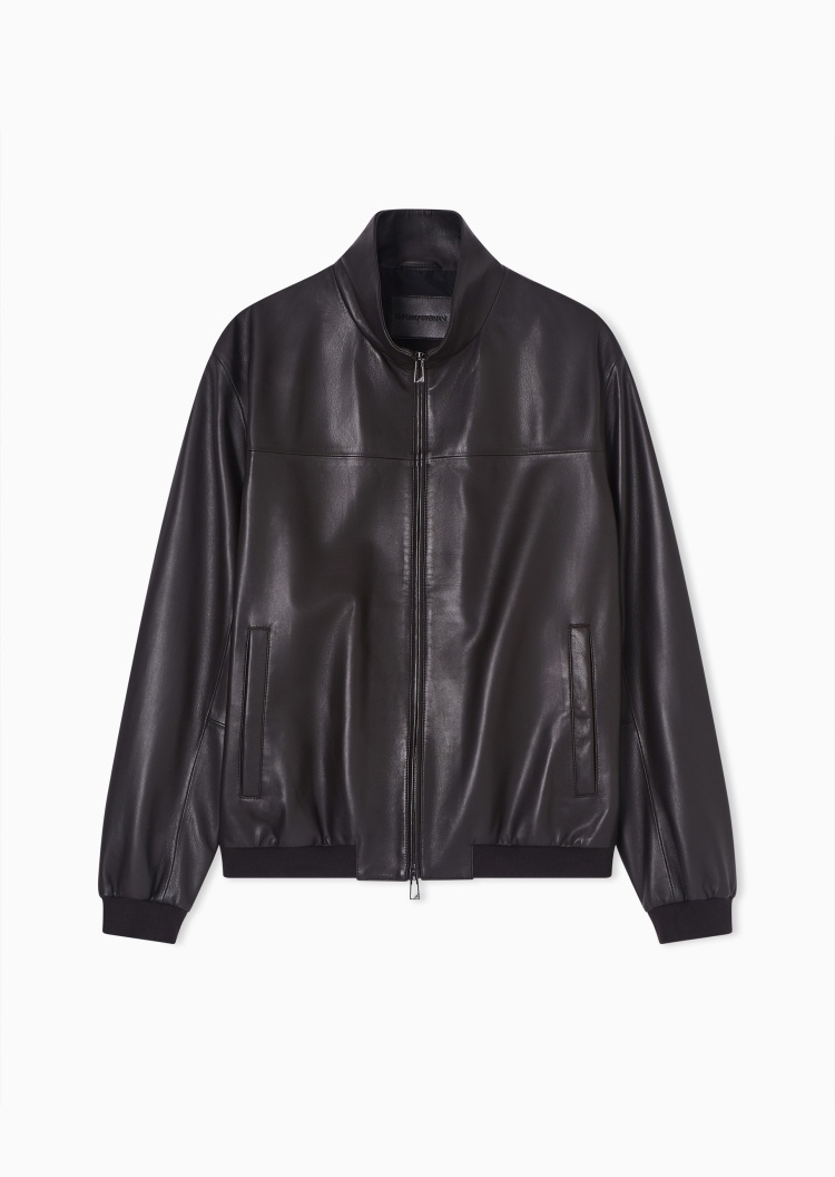 Emporio Armani 男士羊皮革长袖棒球领休闲复古夹克