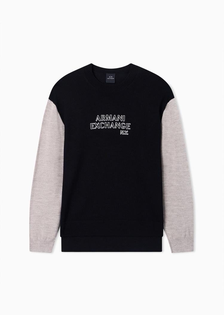 ARMANI EXCHANGE 男士长袖圆领撞色拼接刺绣套头毛衣