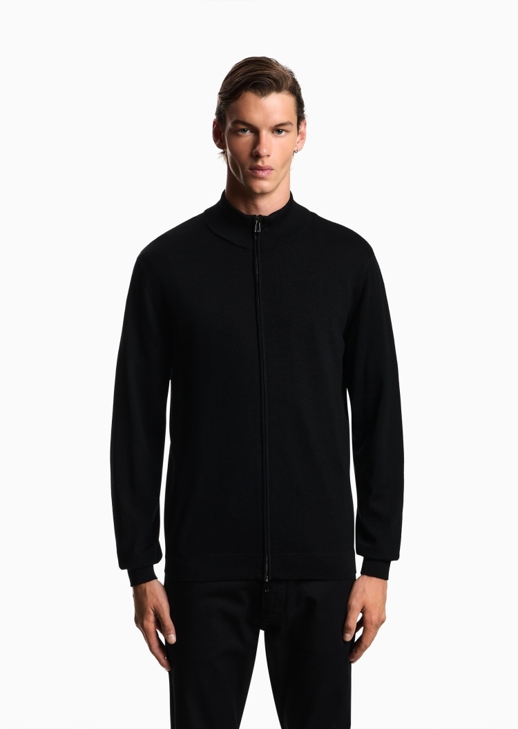 Emporio Armani 男士全绵羊毛长袖立领商务休闲针织开衫