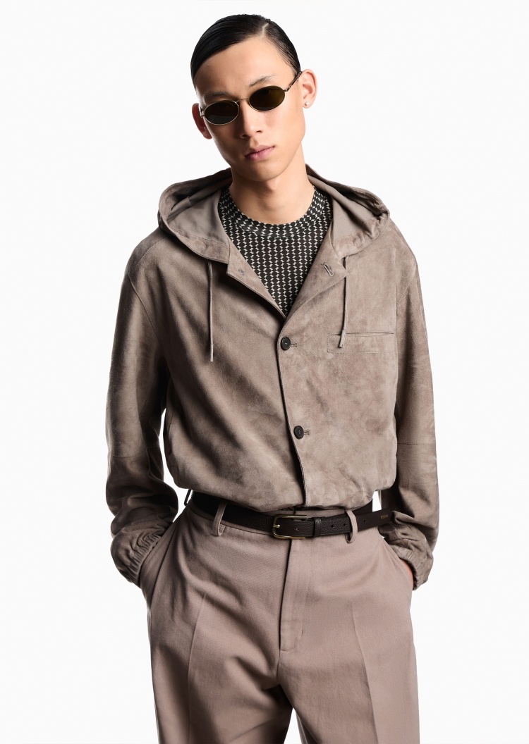 Emporio Armani 男士羊皮革长袖连帽纽扣复古夹克