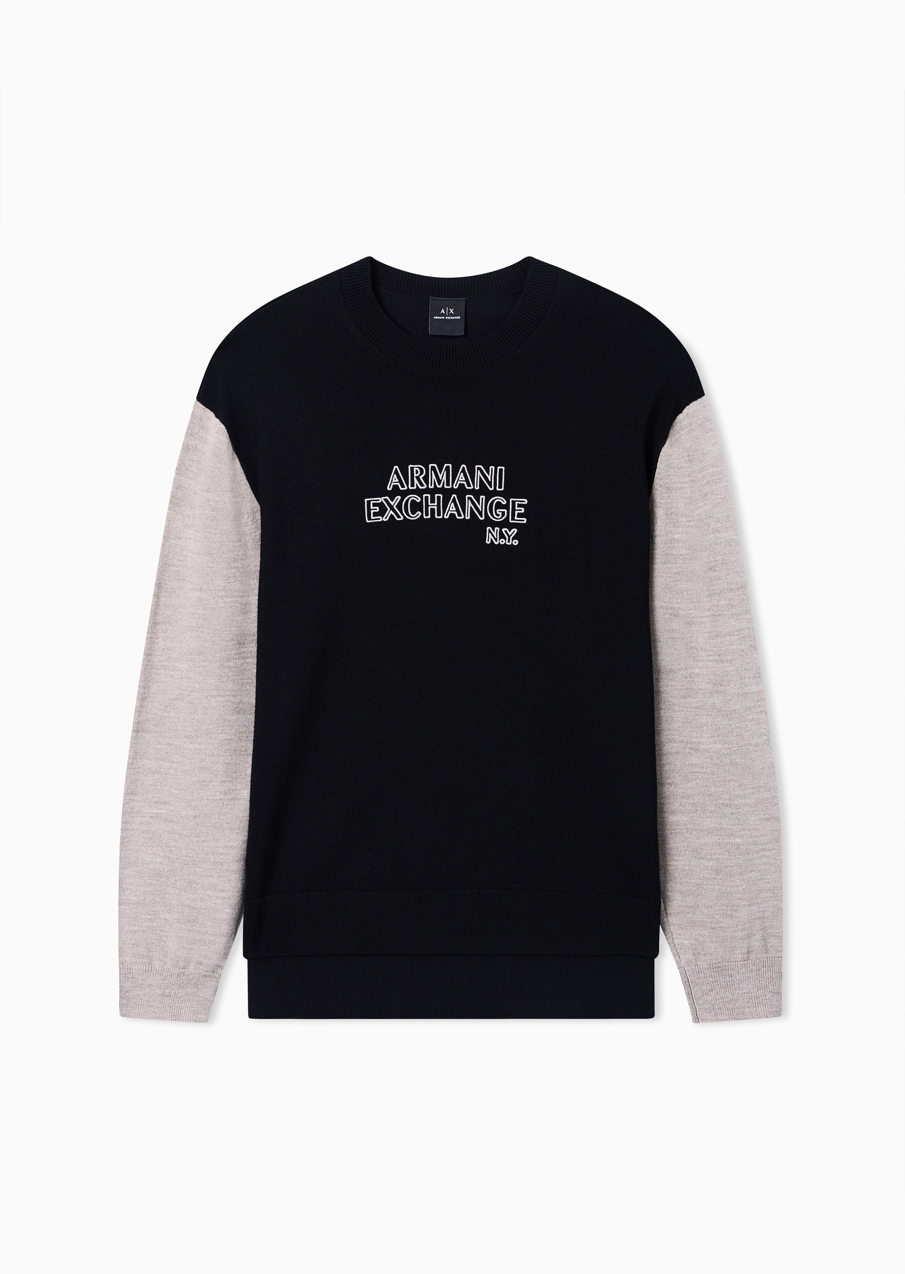 ARMANI EXCHANGE 男士长袖圆领撞色拼接刺绣套头毛衣