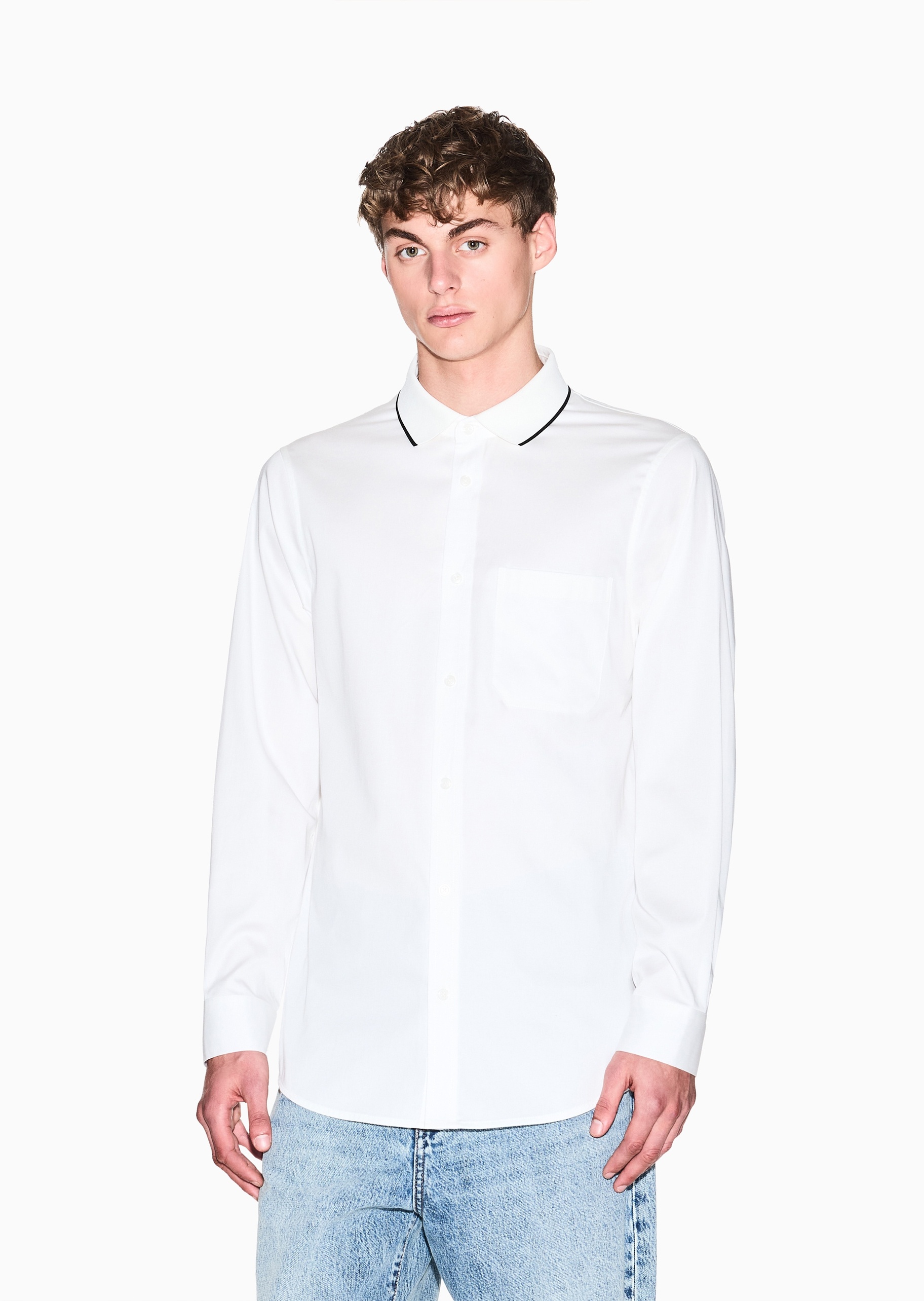 ARMANI EXCHANGE 男士纯棉微弹长袖翻领撞色饰边衬衫