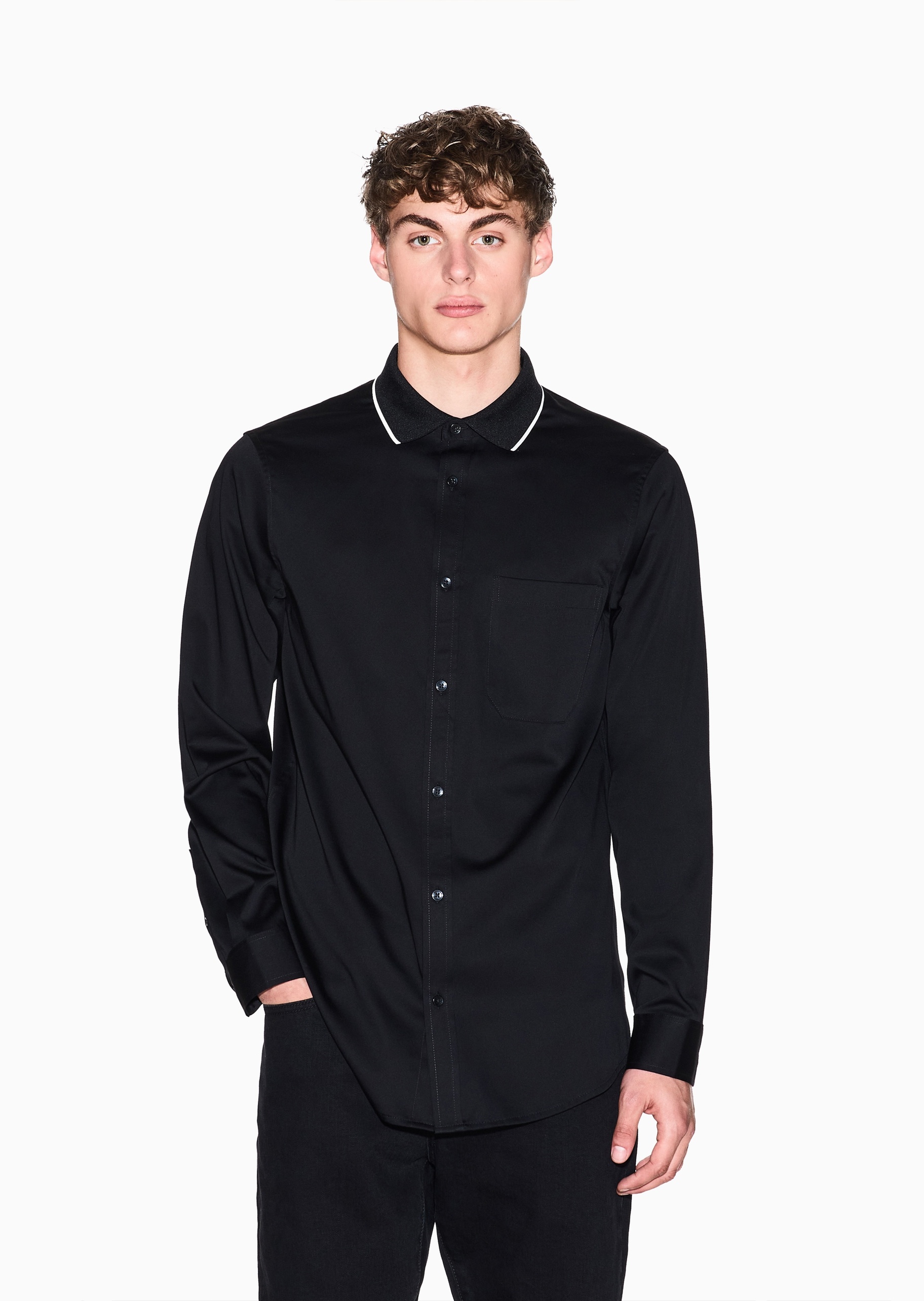 ARMANI EXCHANGE 男士纯棉微弹长袖翻领撞色饰边衬衫