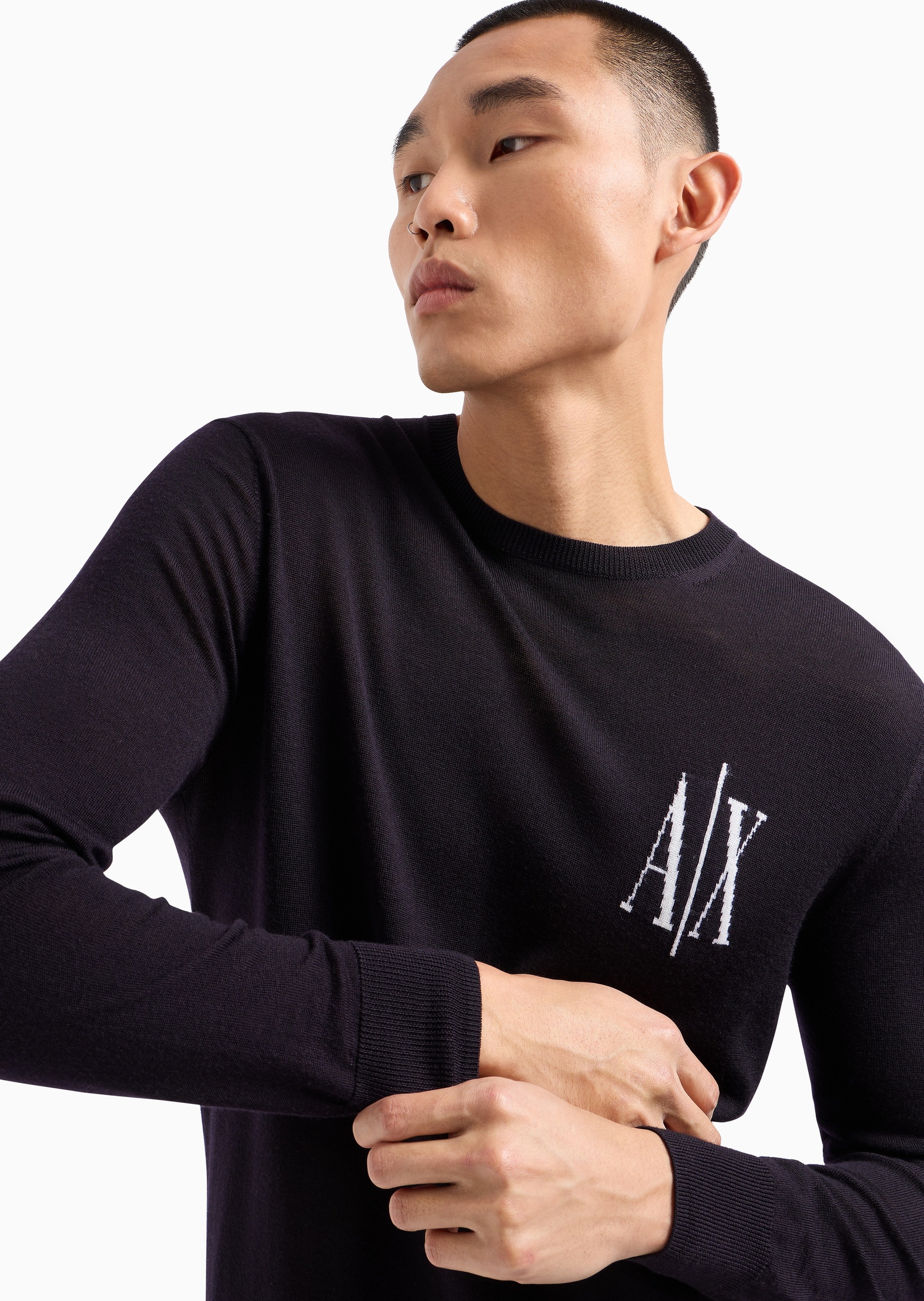 ARMANI EXCHANGE 男士全绵羊毛长袖圆领落肩套头针织衫