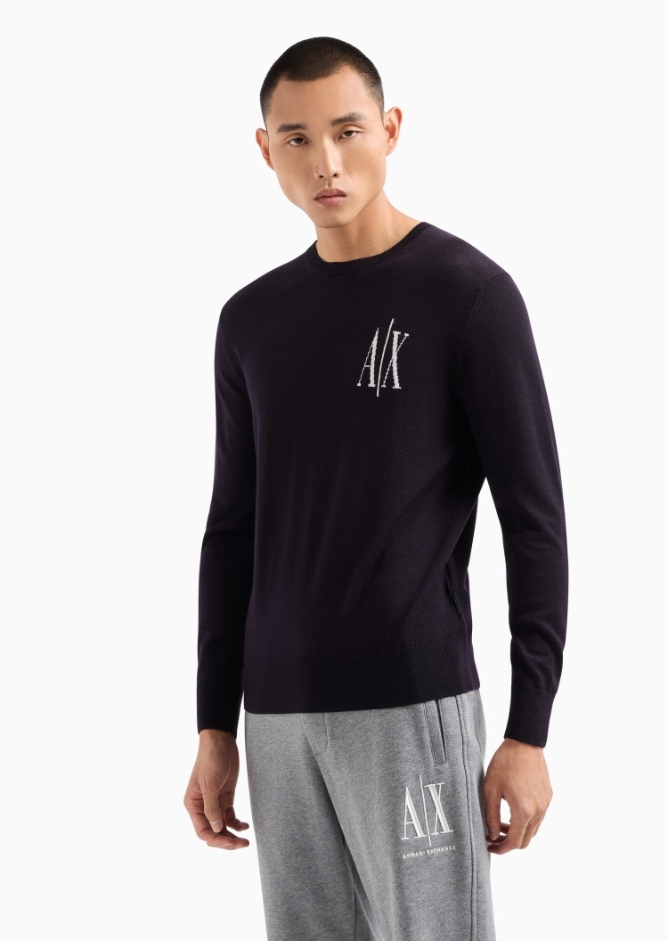 ARMANI EXCHANGE 男士全绵羊毛长袖圆领落肩套头针织衫