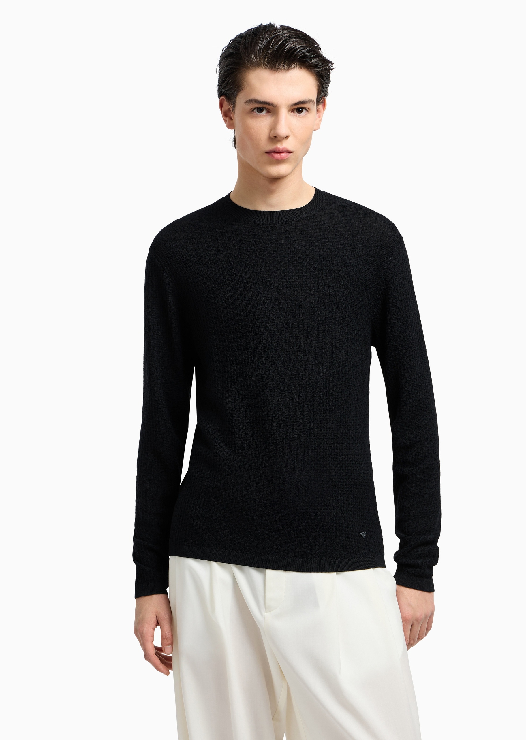 Emporio Armani 男士全绵羊毛合身长袖圆领通体提花套头毛衣