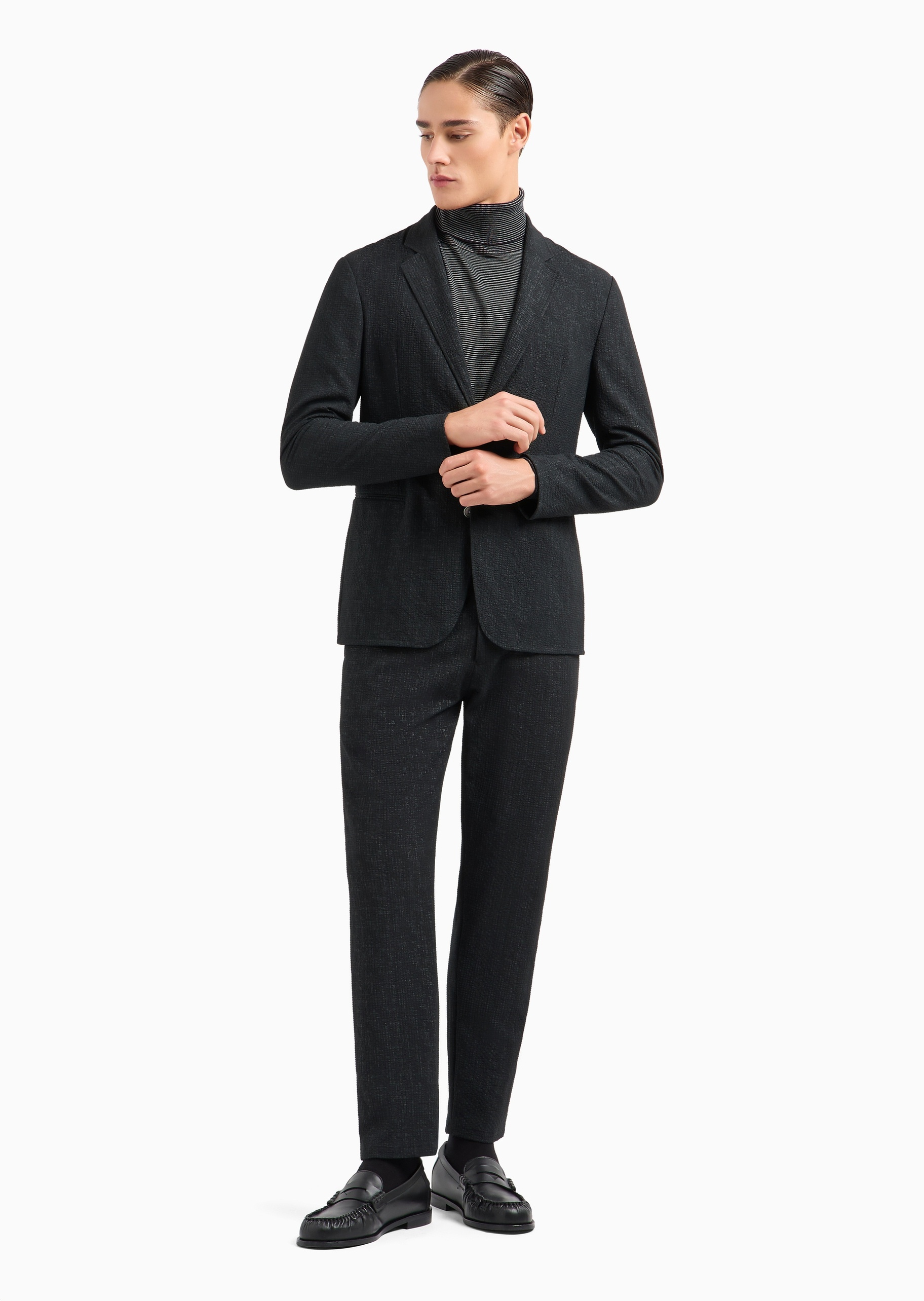 Emporio Armani 男士合身长袖高翻领通体条纹套头毛衣