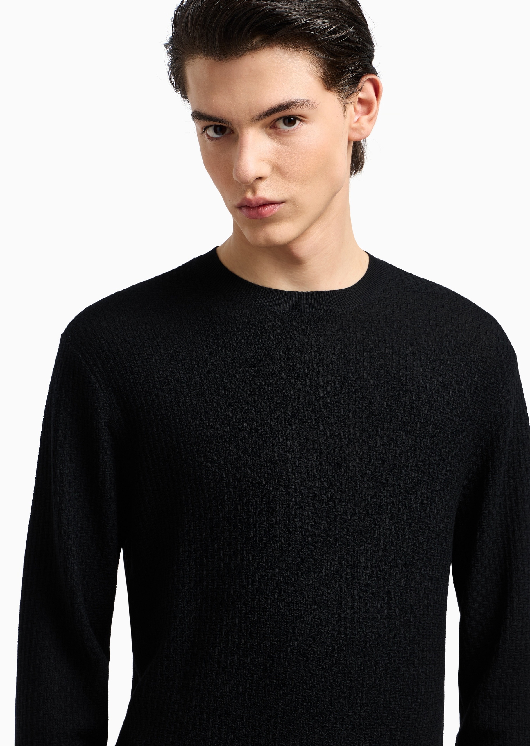 Emporio Armani 男士全绵羊毛合身长袖圆领通体提花套头毛衣