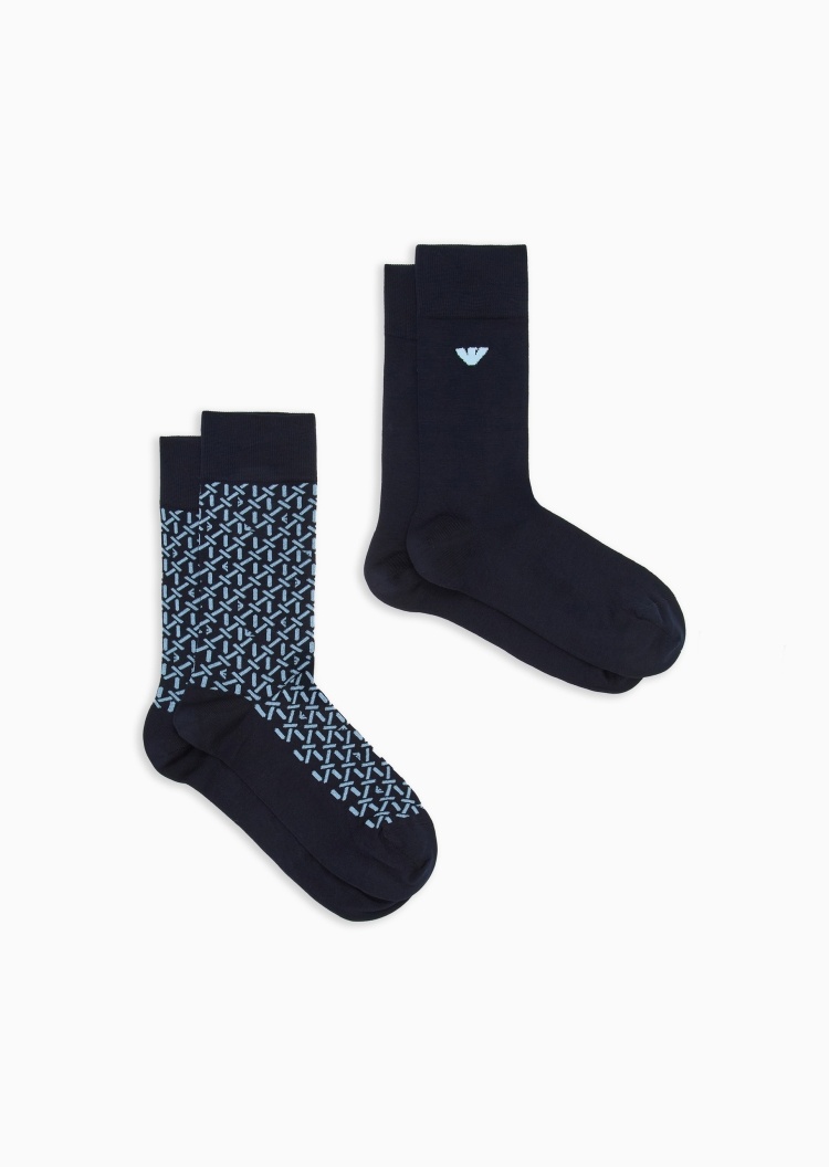 Emporio Armani 男士微弹中筒两双装撞色提花袜子套装