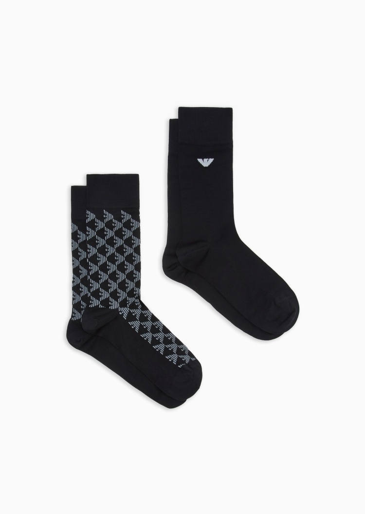 Emporio Armani 男士微弹中筒两双装撞色提花袜子套装