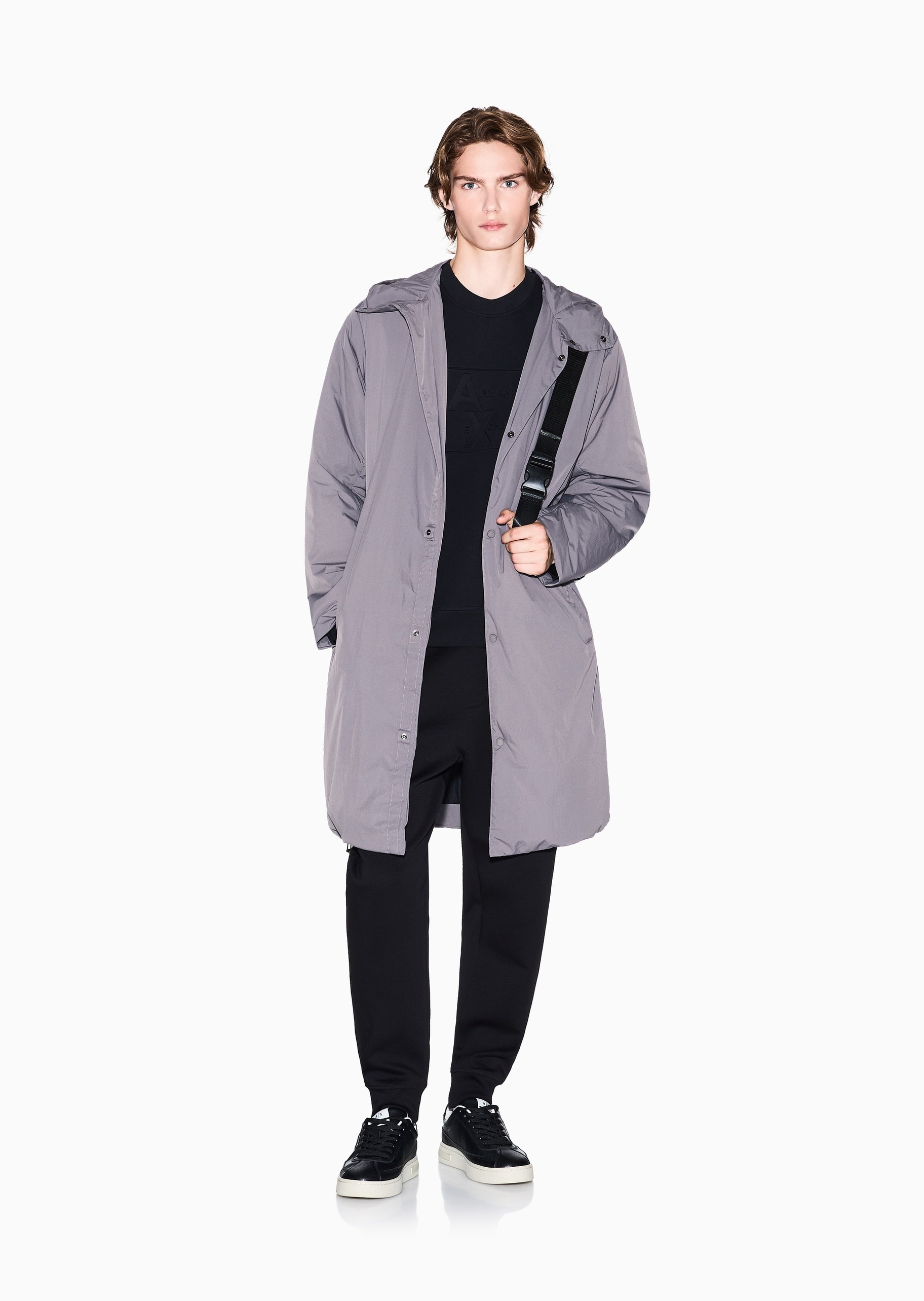 ARMANI EXCHANGE 男士长袖连帽按扣门襟纯色休闲风衣