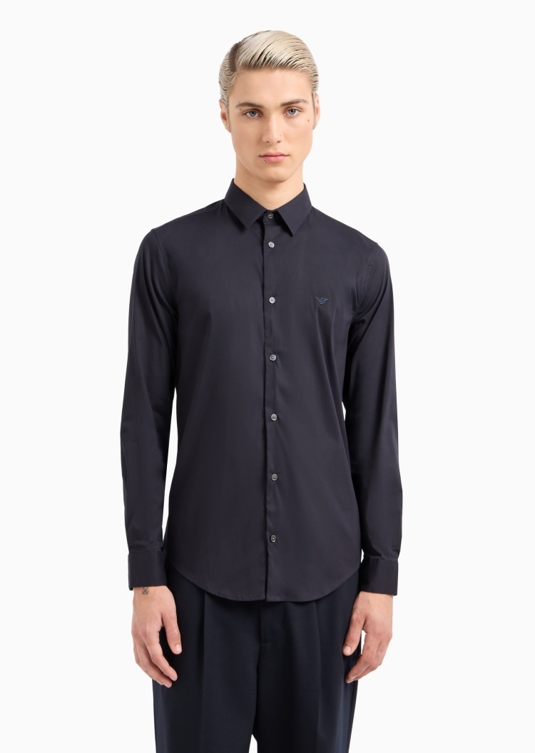 Emporio Armani 男士棉质微弹修身长袖翻领纯色衬衫