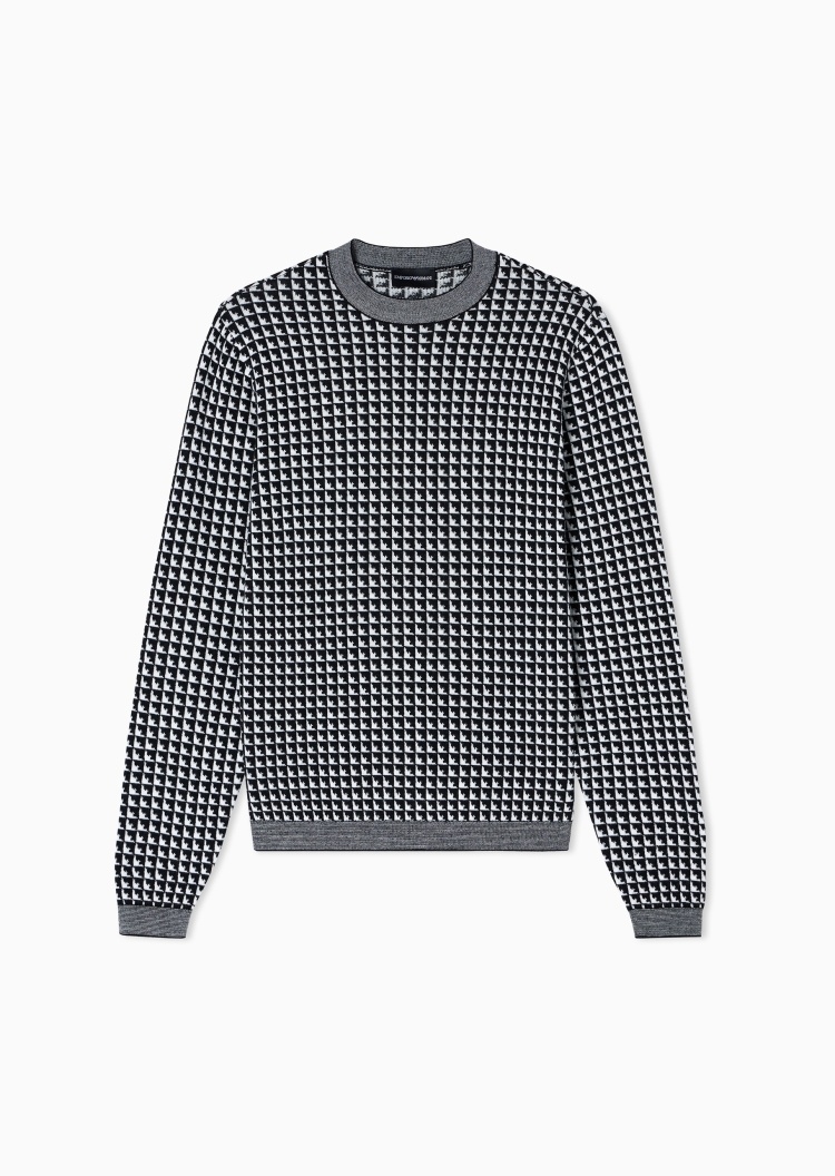 Emporio Armani 男士圆领绵羊毛提花格纹套头针织毛衣