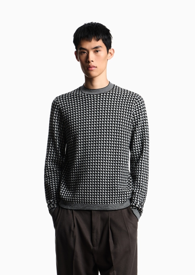 Emporio Armani 男士圆领绵羊毛提花格纹套头针织毛衣