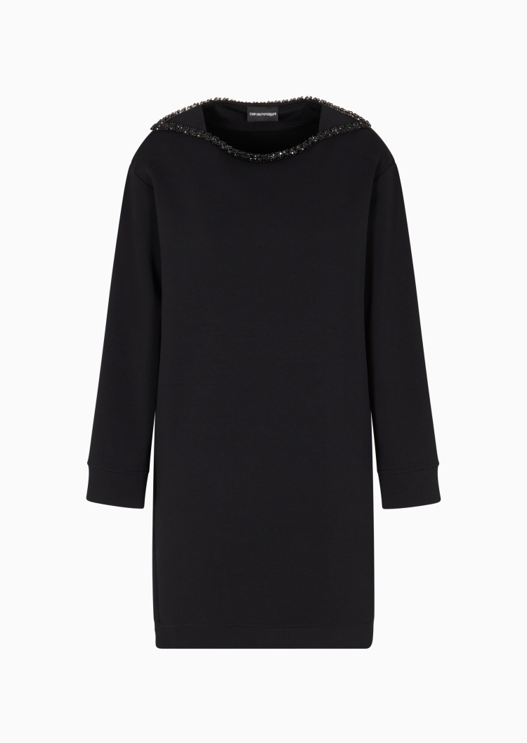 Emporio Armani 女士弹力长袖船领水钻饰边连衣裙