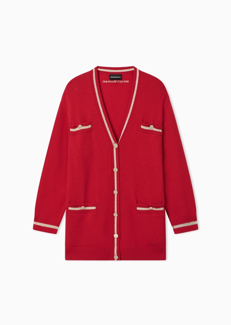 Emporio Armani 女士绵羊毛长袖V领纽扣撞色饰边针织开衫