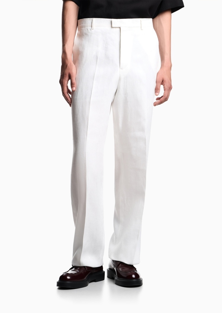 Emporio Armani 男士亚麻合身长款直筒纯色休闲裤