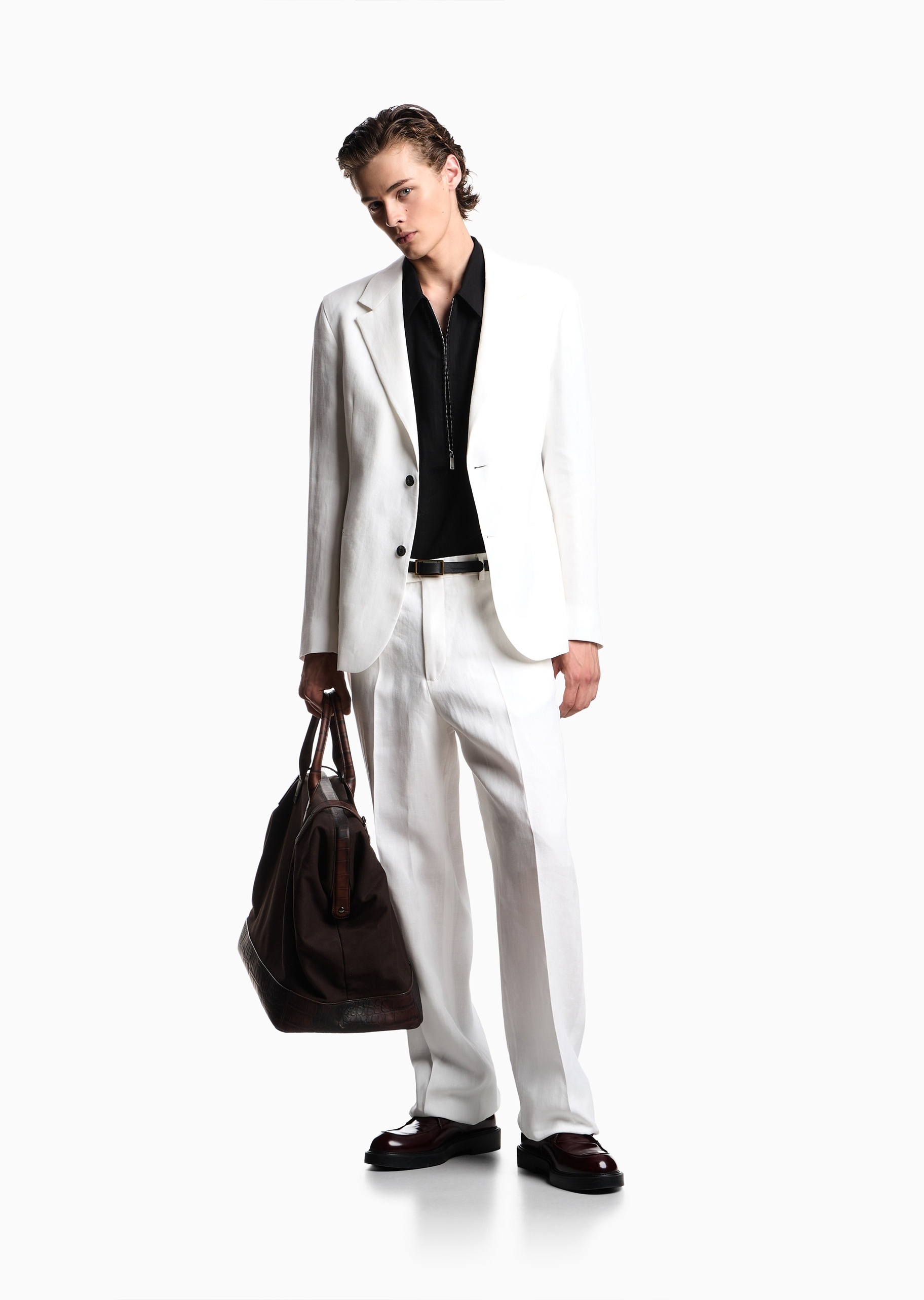 Emporio Armani 男士亚麻合身长款直筒纯色休闲裤
