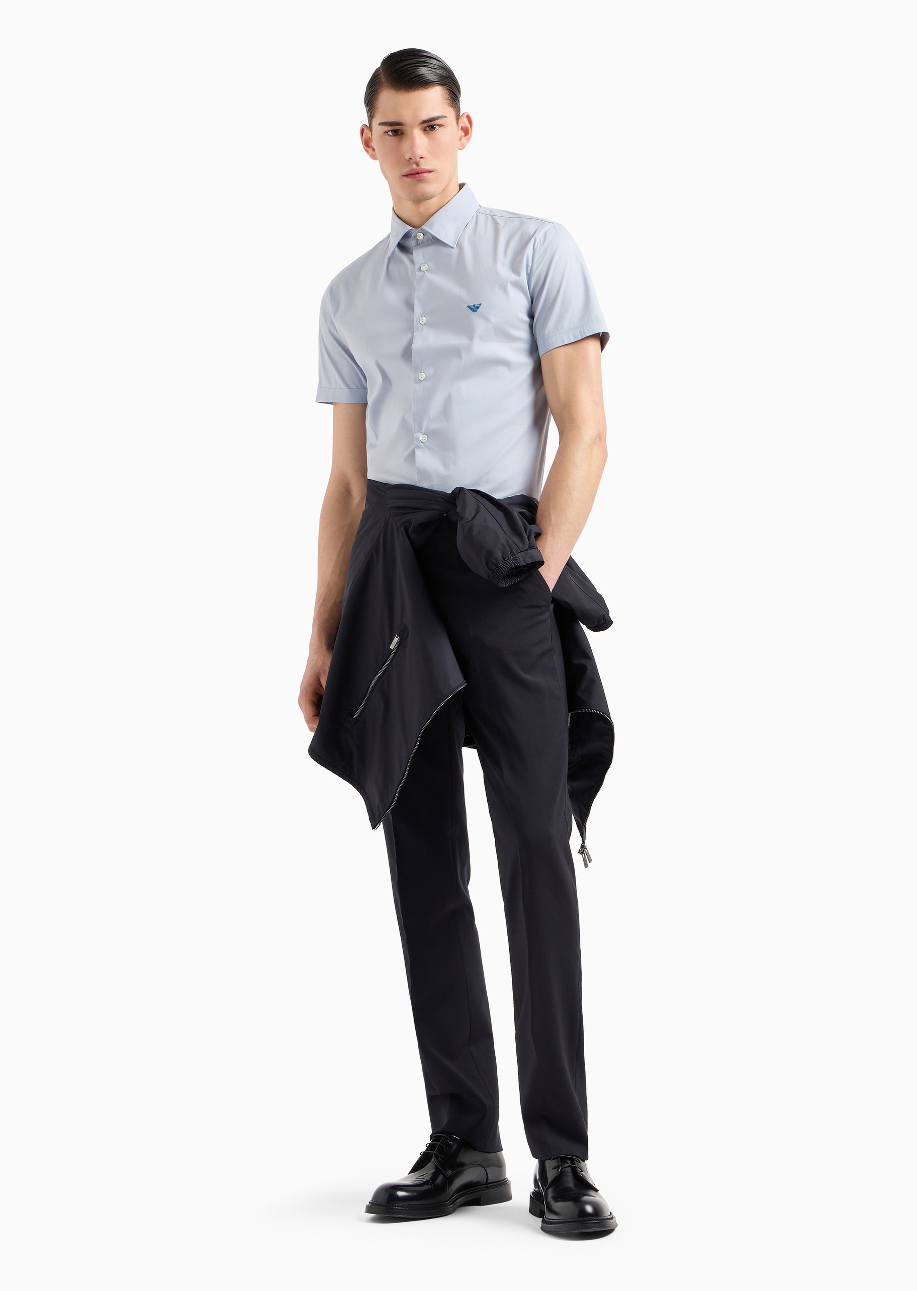 Emporio Armani 男士棉质微弹合身短袖翻领纯色衬衫