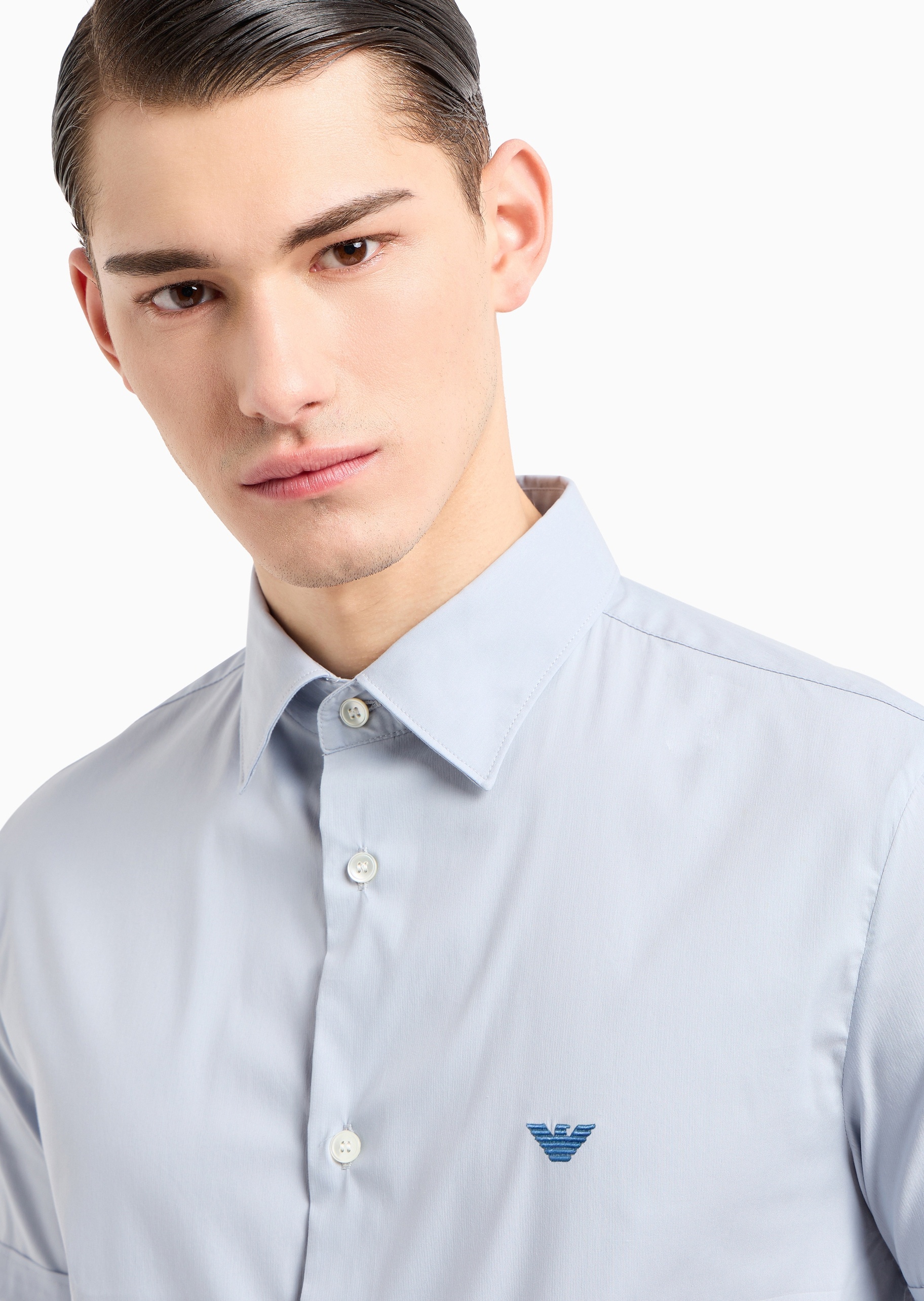 Emporio Armani 男士棉质微弹合身短袖翻领纯色衬衫