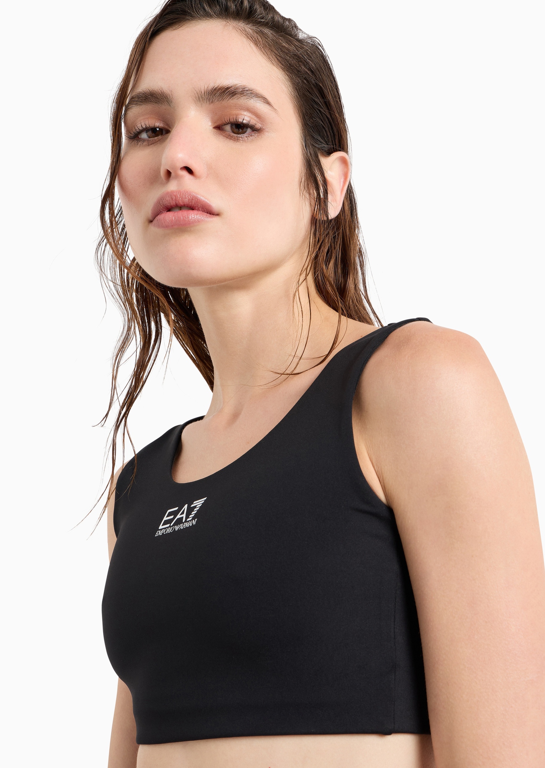 EA7 女士弹力圆领宽肩带撞色标识运动文胸
