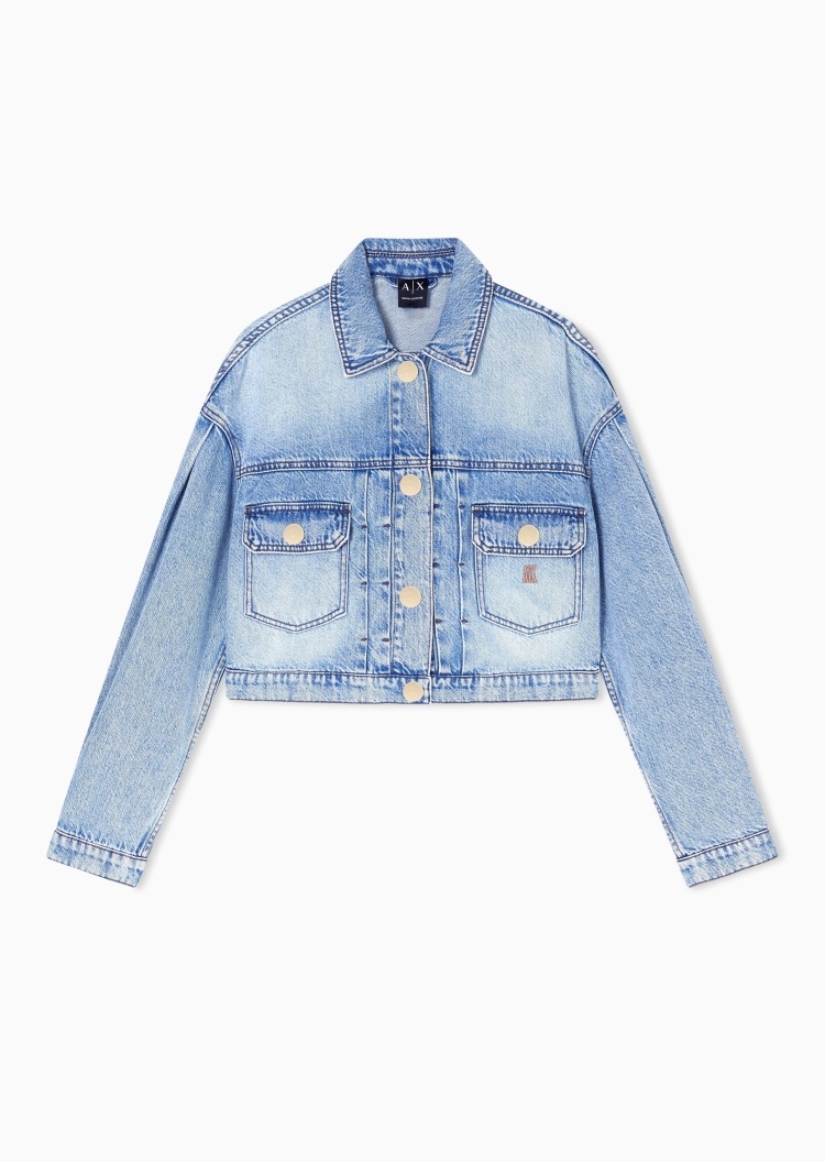 ARMANI EXCHANGE 女士短款翻领复古时尚刺绣牛仔夹克