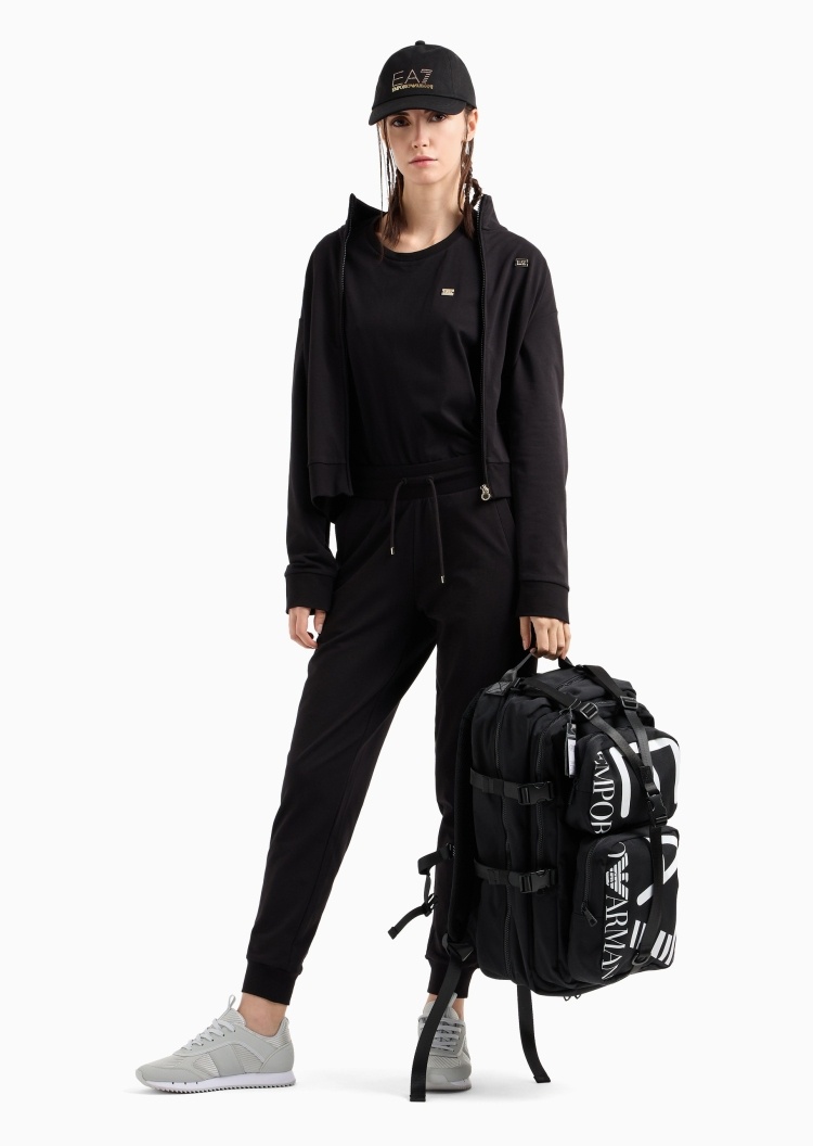 EA7 女士纯棉弹力立领开衫束脚长裤健身运动套装