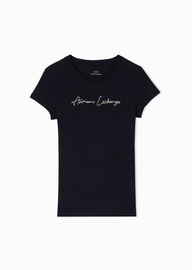 ARMANI EXCHANGE 女士纯棉轻薄修身短袖圆领水钻LOGOT恤