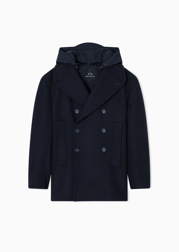 ARMANI EXCHANGE 男士绵羊毛长袖翻领可拆风帽双排扣大衣