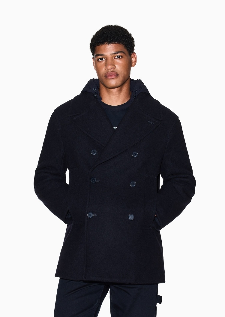 ARMANI EXCHANGE 男士绵羊毛长袖翻领可拆风帽双排扣大衣