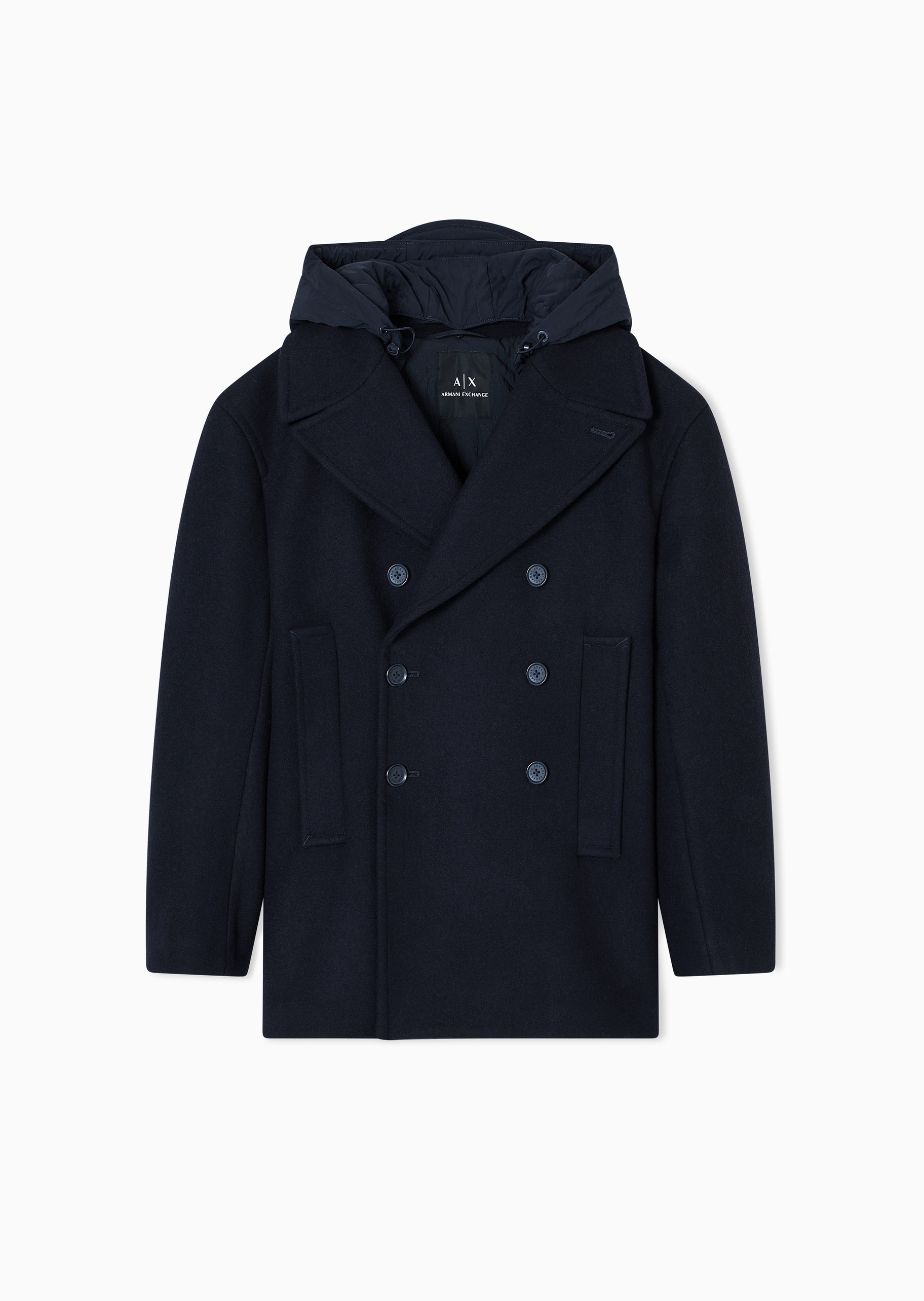 ARMANI EXCHANGE 男士绵羊毛长袖翻领可拆风帽双排扣大衣