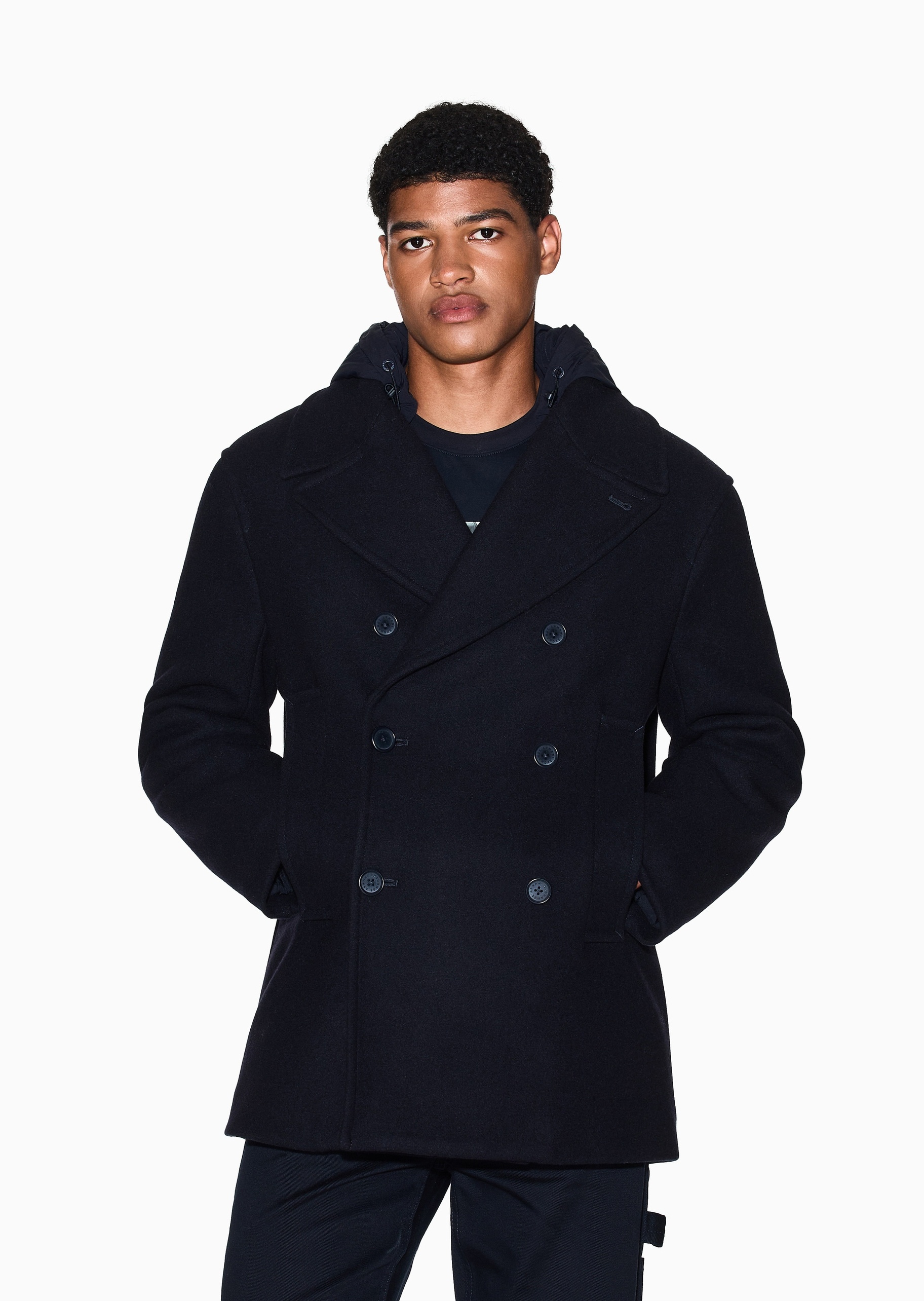 ARMANI EXCHANGE 男士绵羊毛长袖翻领可拆风帽双排扣大衣