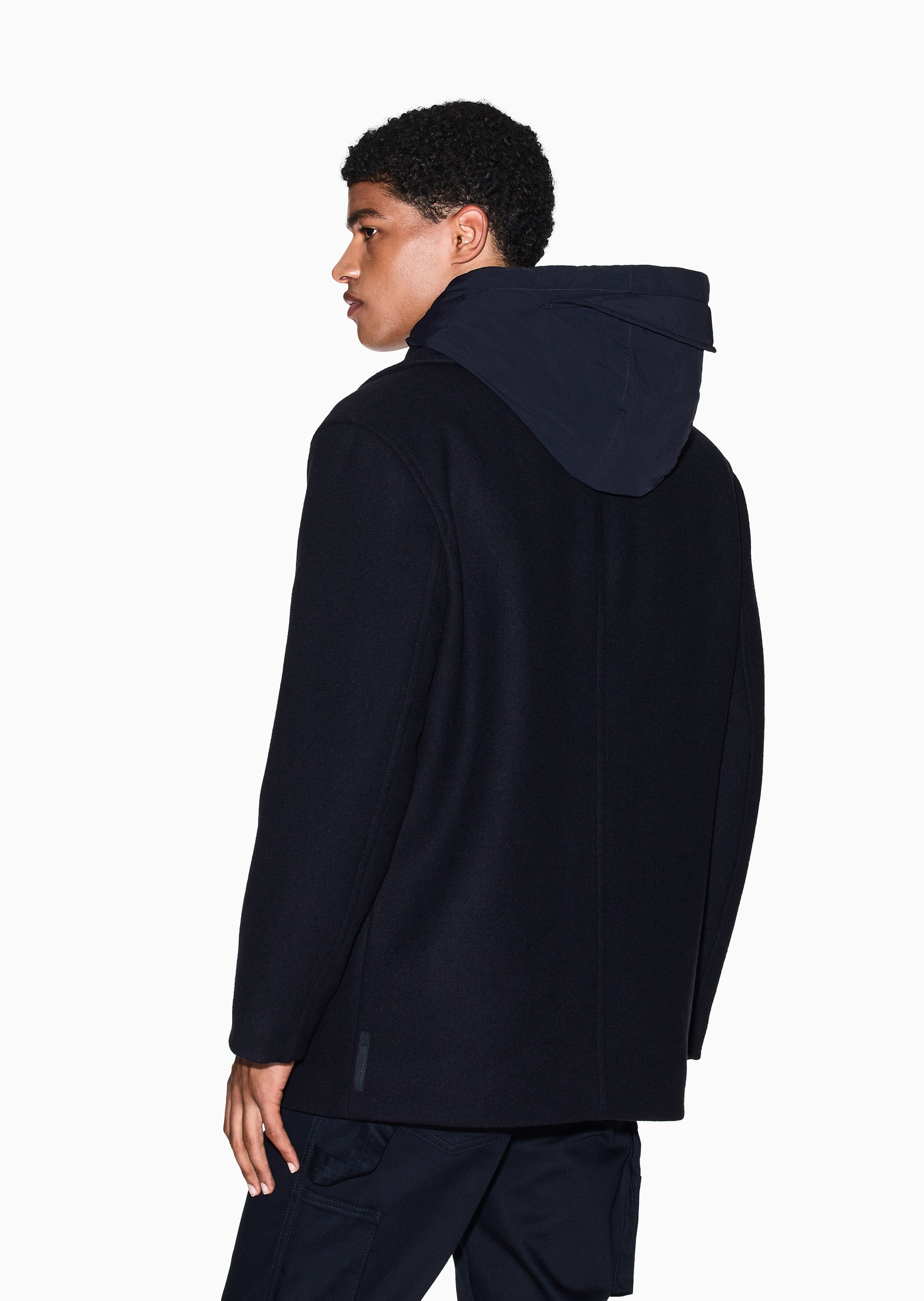 ARMANI EXCHANGE 男士绵羊毛长袖翻领可拆风帽双排扣大衣