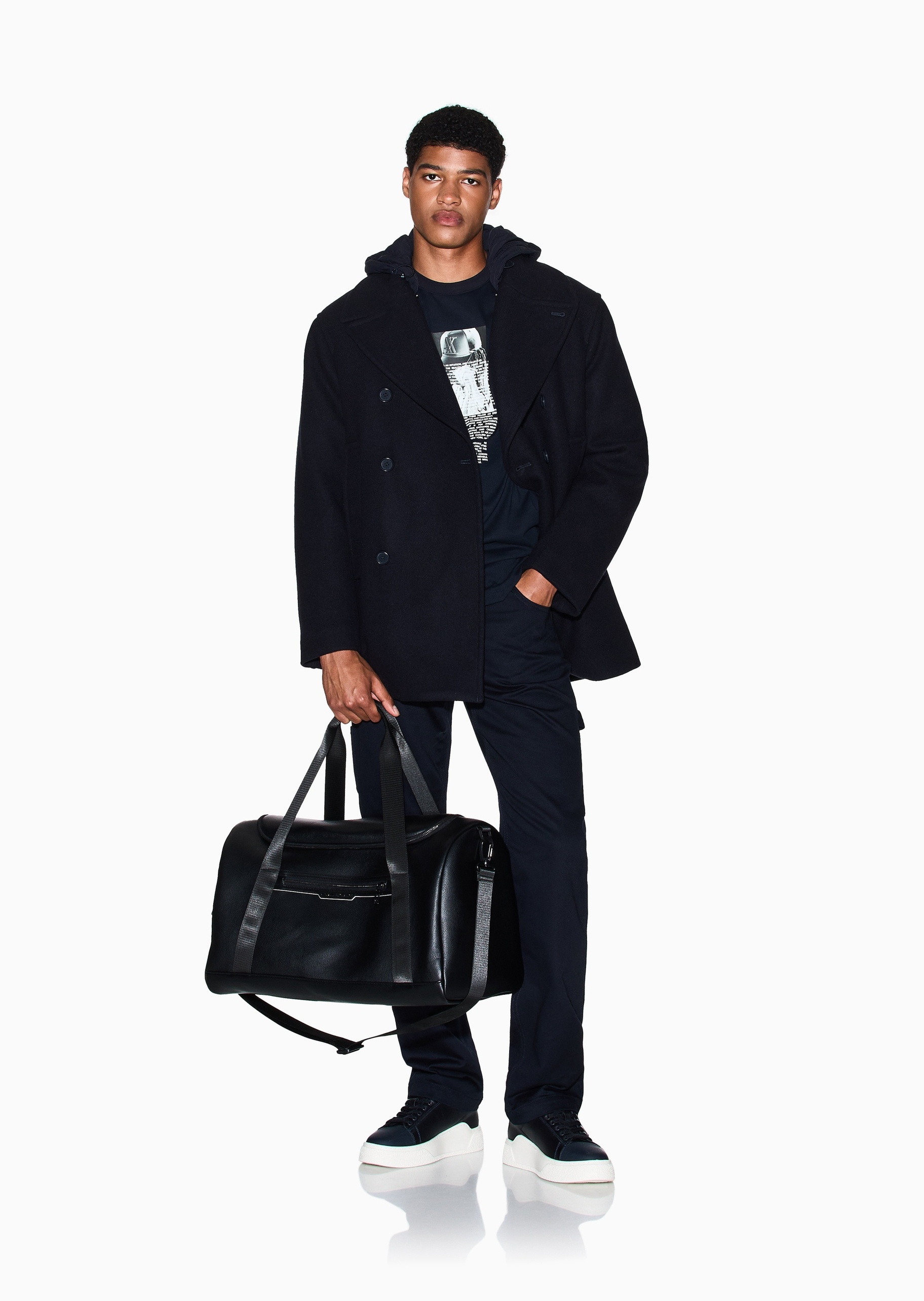 ARMANI EXCHANGE 男士绵羊毛长袖翻领可拆风帽双排扣大衣