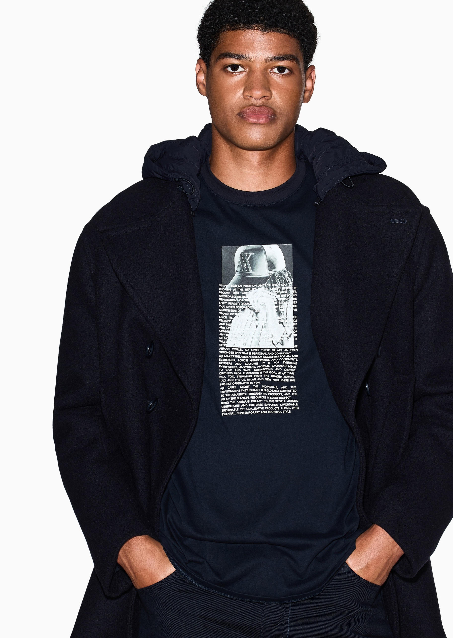 ARMANI EXCHANGE 男士绵羊毛长袖翻领可拆风帽双排扣大衣